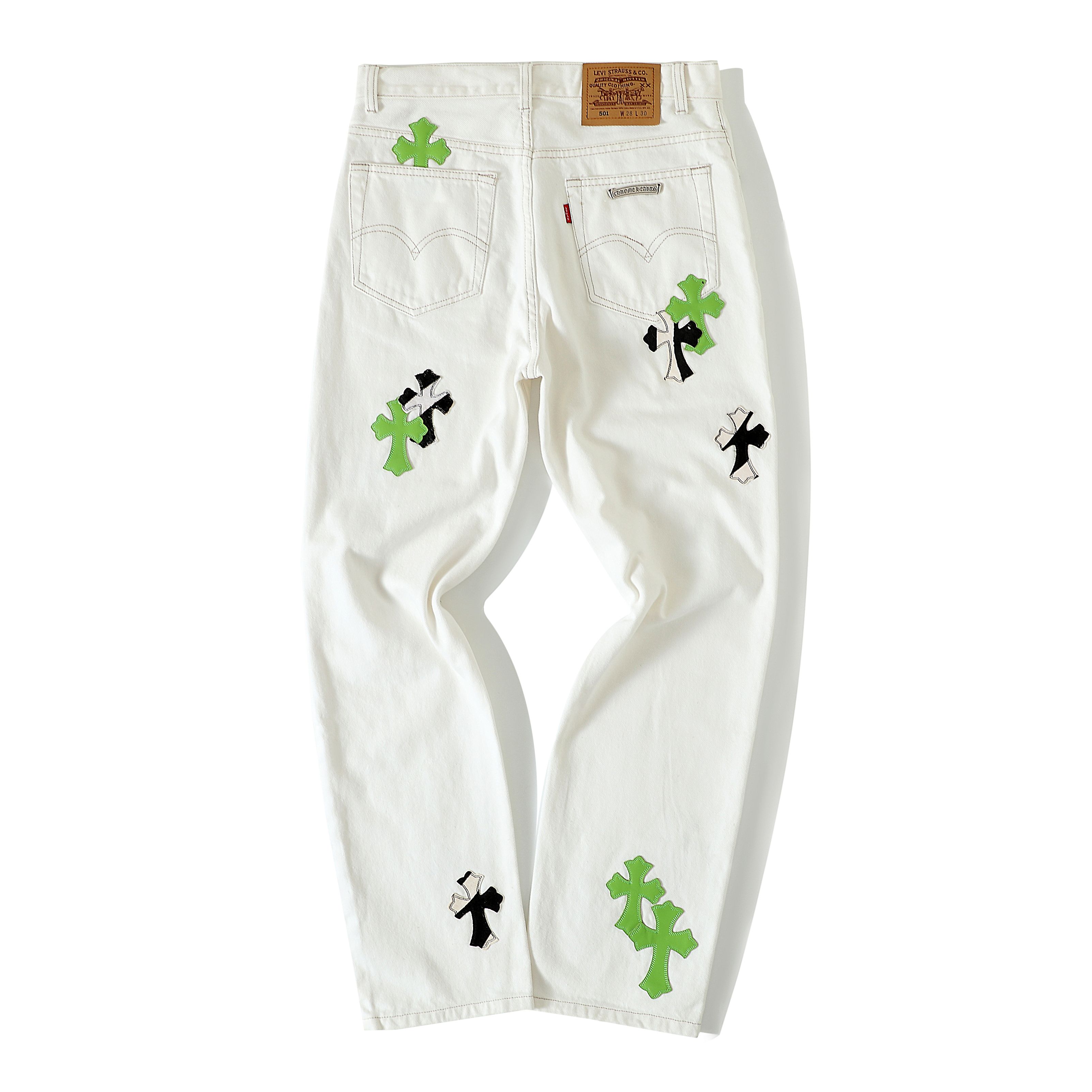 Horsehair Apple Green Cross JeansWe've released men's and women's versions of these jeans, as they look great on women too!The cross is made from genuine horsehair.Exclusive, authentic version available. Feel free to compare from any angle!Th