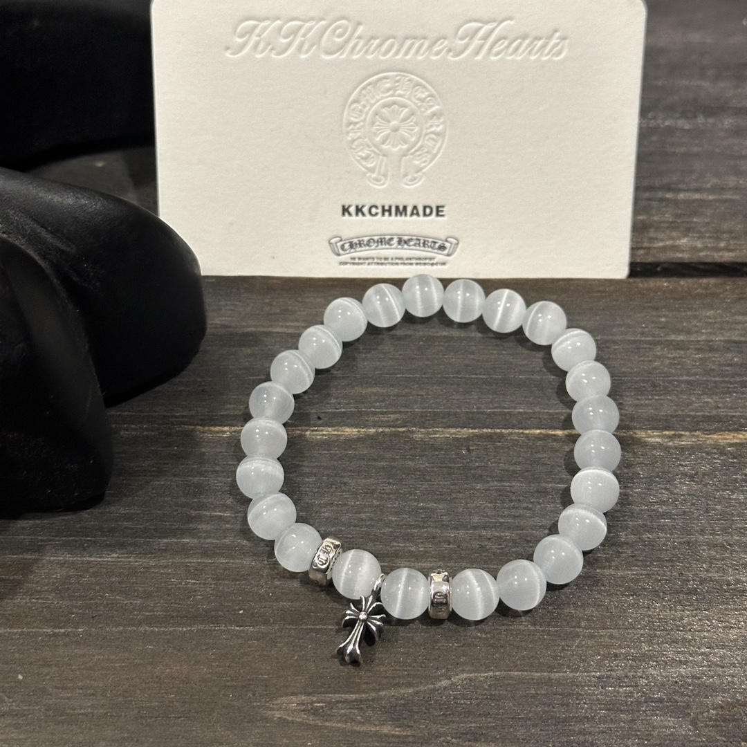 Customer order 🔝 Cat's eye stone silver bead cross bracelet