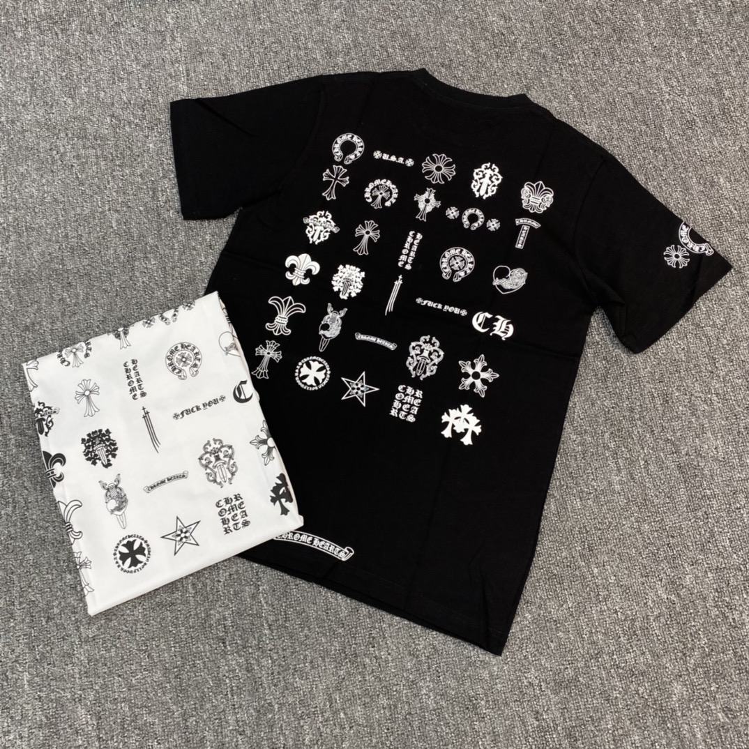 Chrome Hearts CH Sanskrit multi-element short-sleeved shirt, featuring a front patch pocket with a gothic logo, brand label print on the side sleeves, and a multi-element logo design on the back. Made of 100% cotton. Sizes: S, M, L, XL, XXL