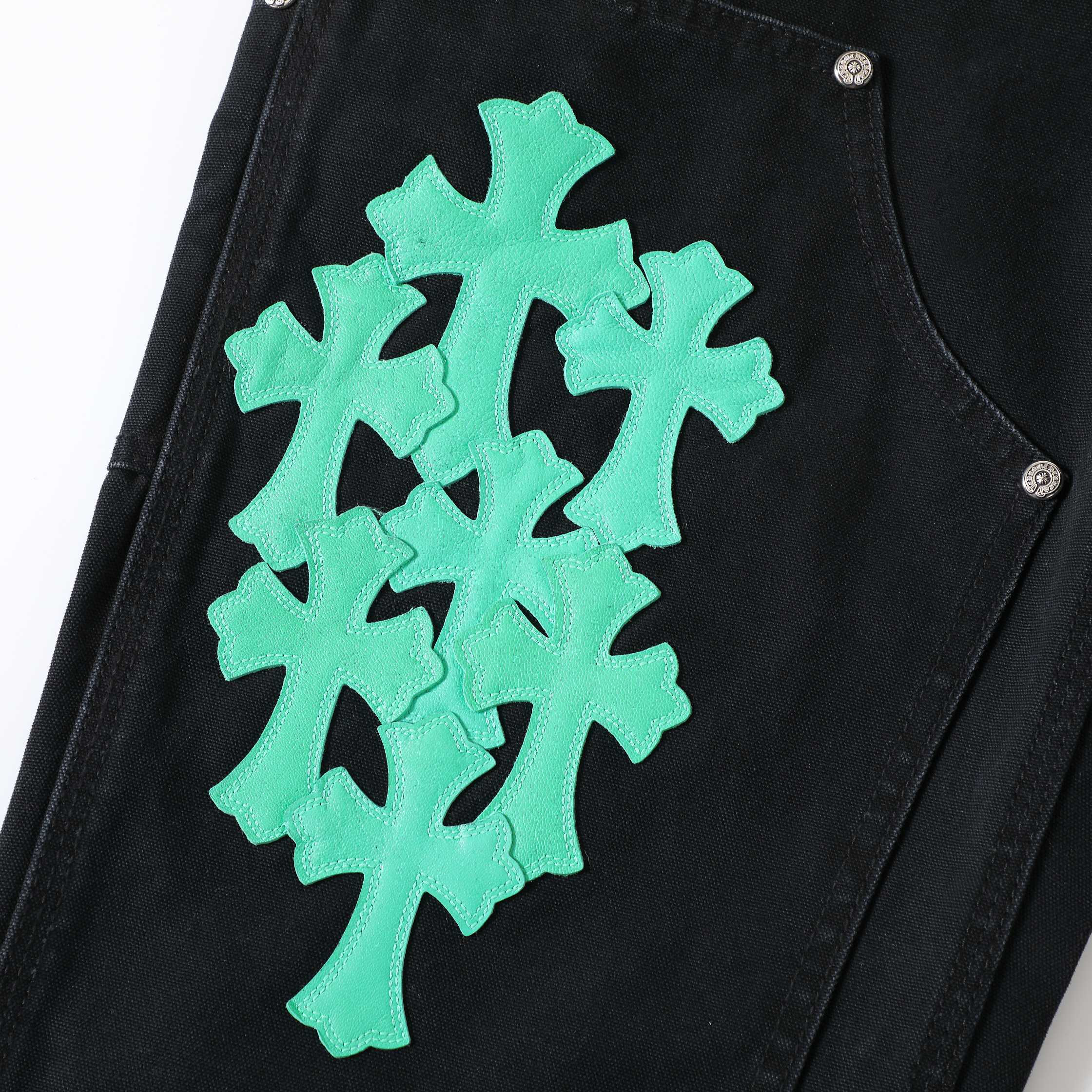 CH Distressed Carhart Style Work Pants with Green Leather PatchesThe fabric is a high-density, high-count, high-resin reactive black cotton Juvan.The fabric's high thread count and density give it a three-dimensional look.It's thick yet soft an