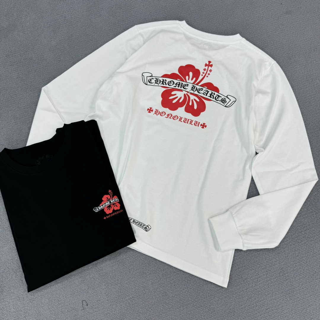 Chrome Hearts' latest Hawaiian limited edition long-sleeved shirtMade of 280g pure cotton, with imported ink and gold glitter printing for a three-dimensional effect. Custom-made to perfection, distinct from mainstream market products.Sizes: S, M