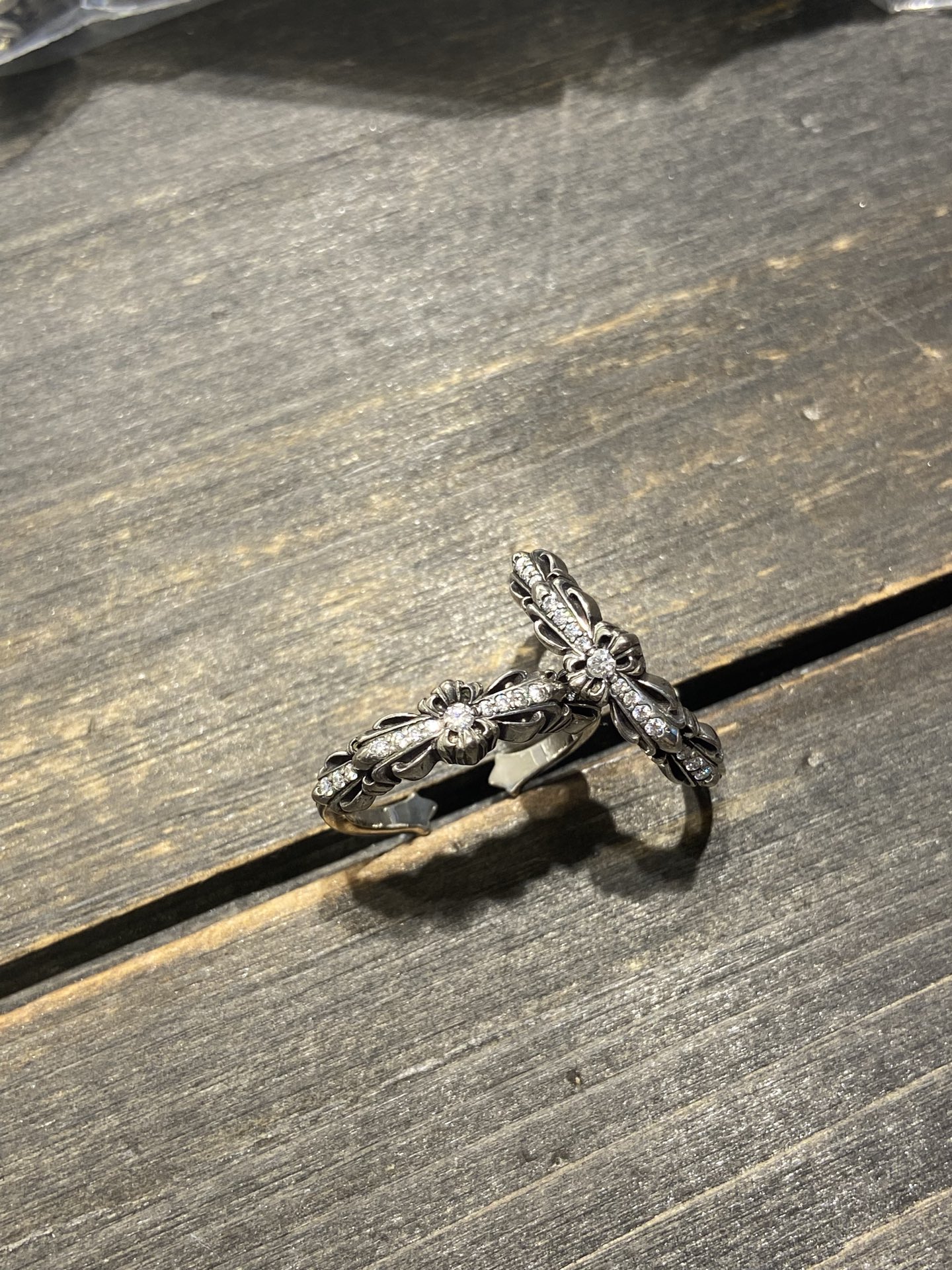 Narrow-cut open cross pattern with full diamonds - available now.