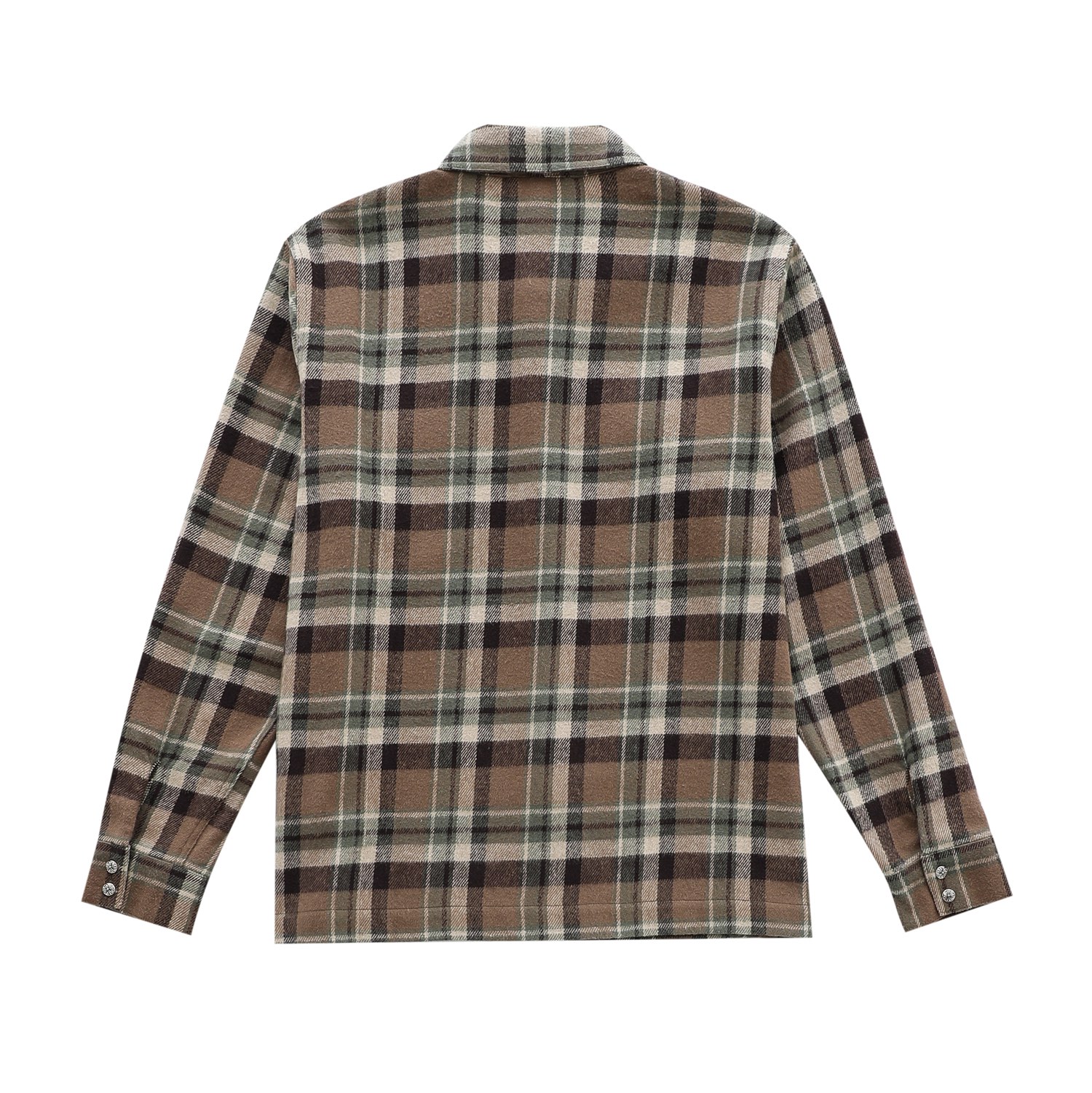CH New Flannel Plaid Shirt. Made with 11-count double-ply 240g (260g after washing) cotton blend flannel. Features include brushed front, laser infrared positioning, hand-cutting, and all-around alignment. Custom 12mm and 18mm snap buttons, custom 92