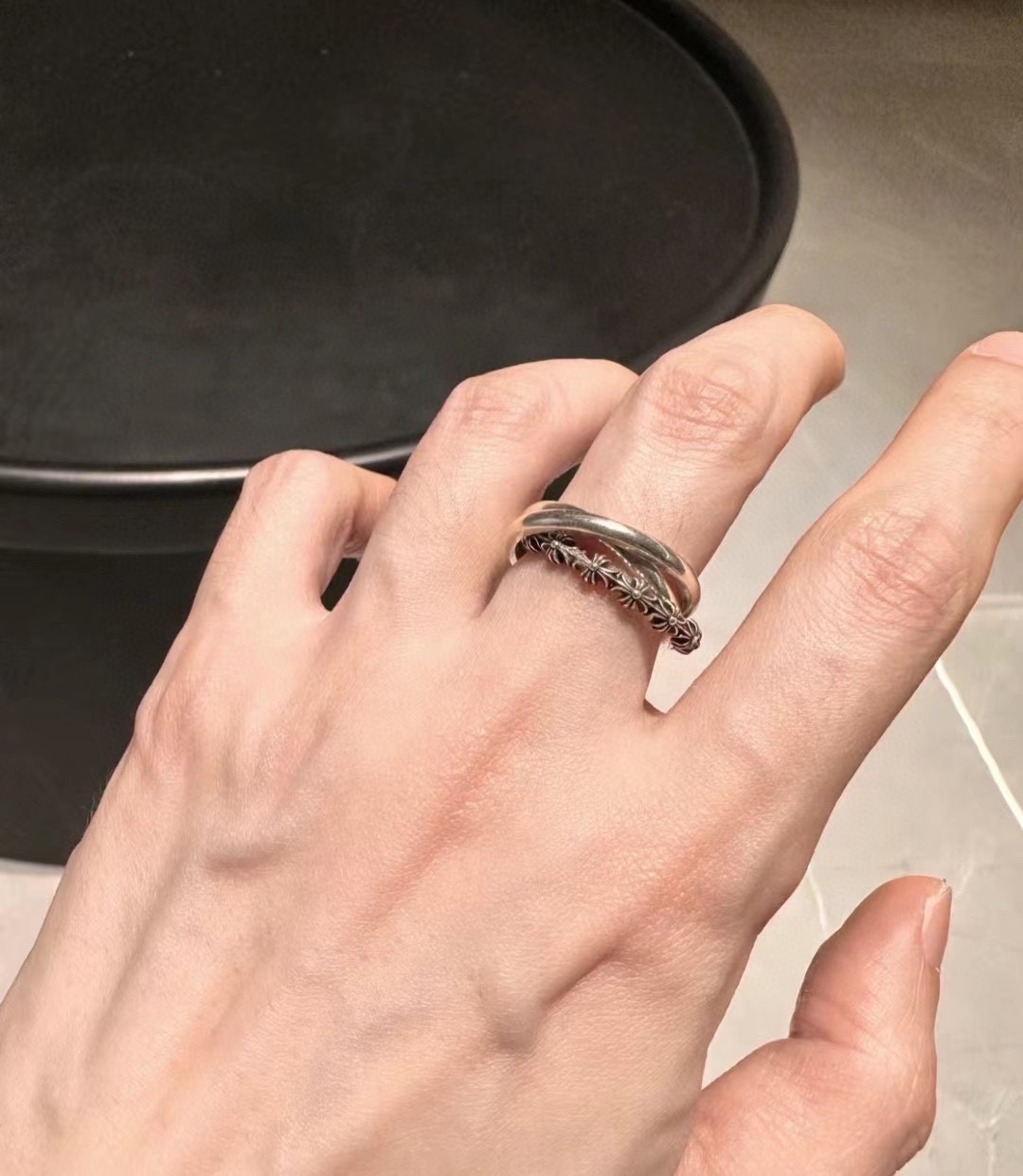 Chrome Hearts Triple Cross Ring. Purchased from a Hangzhou boutique for ¥7500. 100% 925 sterling silver with an antique finish. No replicas without genuine pieces. Perfectly replicated engraving details. Width is accurate. A very unique design with h