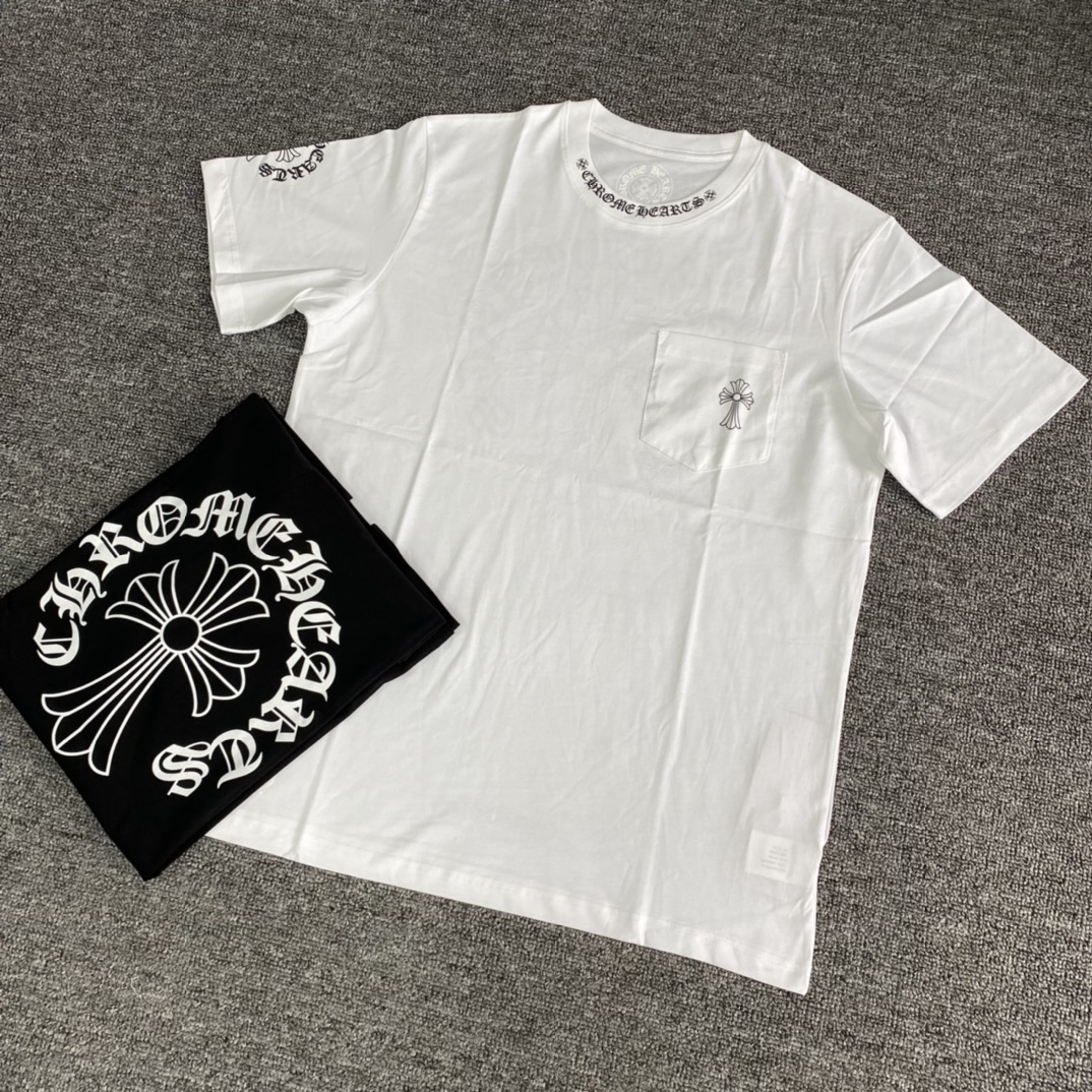Chrome Hearts Fall/Winter 2022 Collection: Crew Neck Short-Sleeve T-Shirt with Cross and Sanskrit Design. Features a patch pocket on the front chest with a classic cross design, brand label print on the side cuffs, a large logo on the back, and a cot