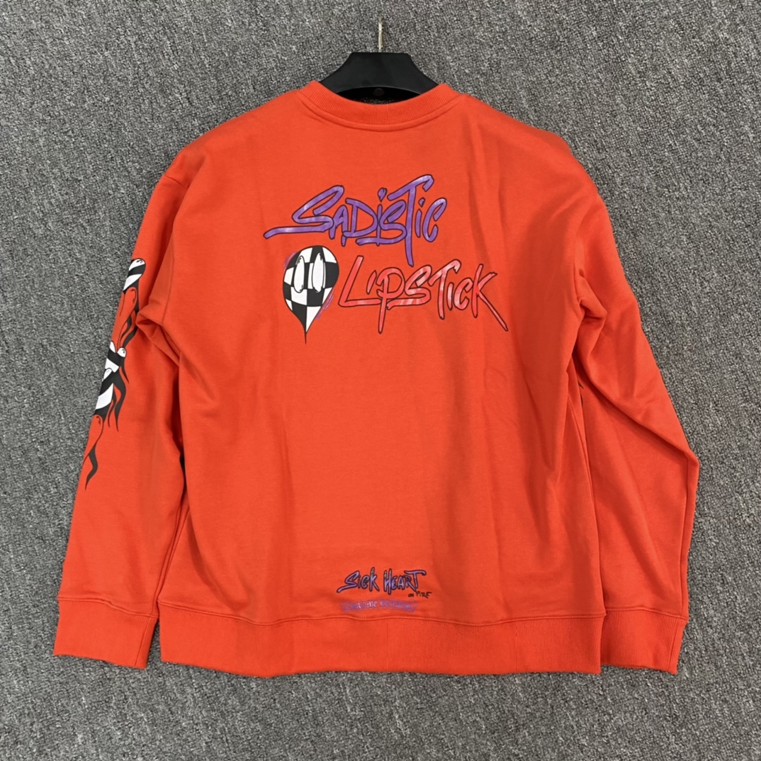 Chrome Hearts' latest Mattyboy series sweatshirt. Made with custom-dyed pure cotton orange-red fabric, featuring imported ink printing for a three-dimensional effect. The complex coloring process results in high costs. Custom-made to order, perfect d