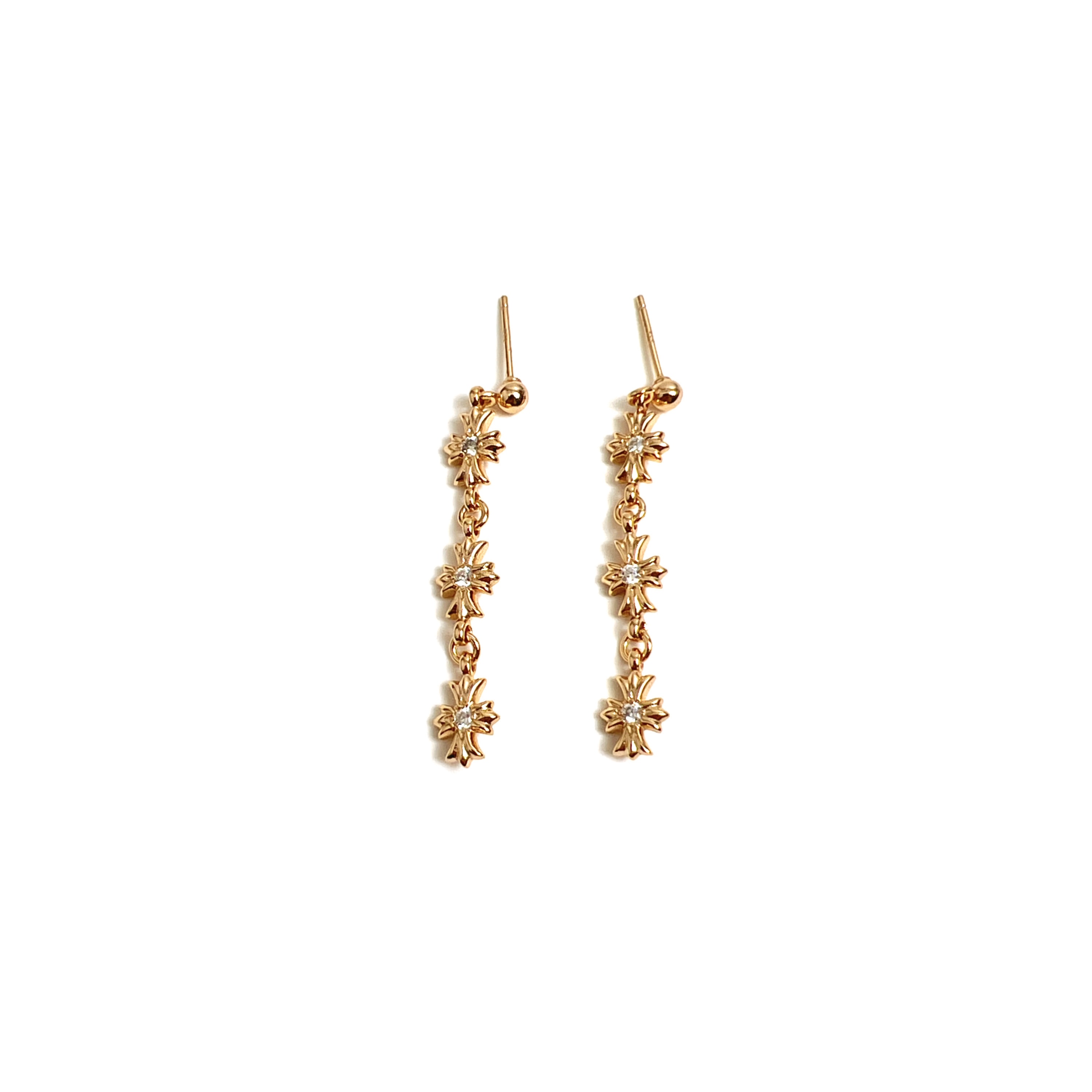 Chrome Hearts Gold-Plated Diamond-Studded Three-Section Cross Flower Stud Earrings with Ball