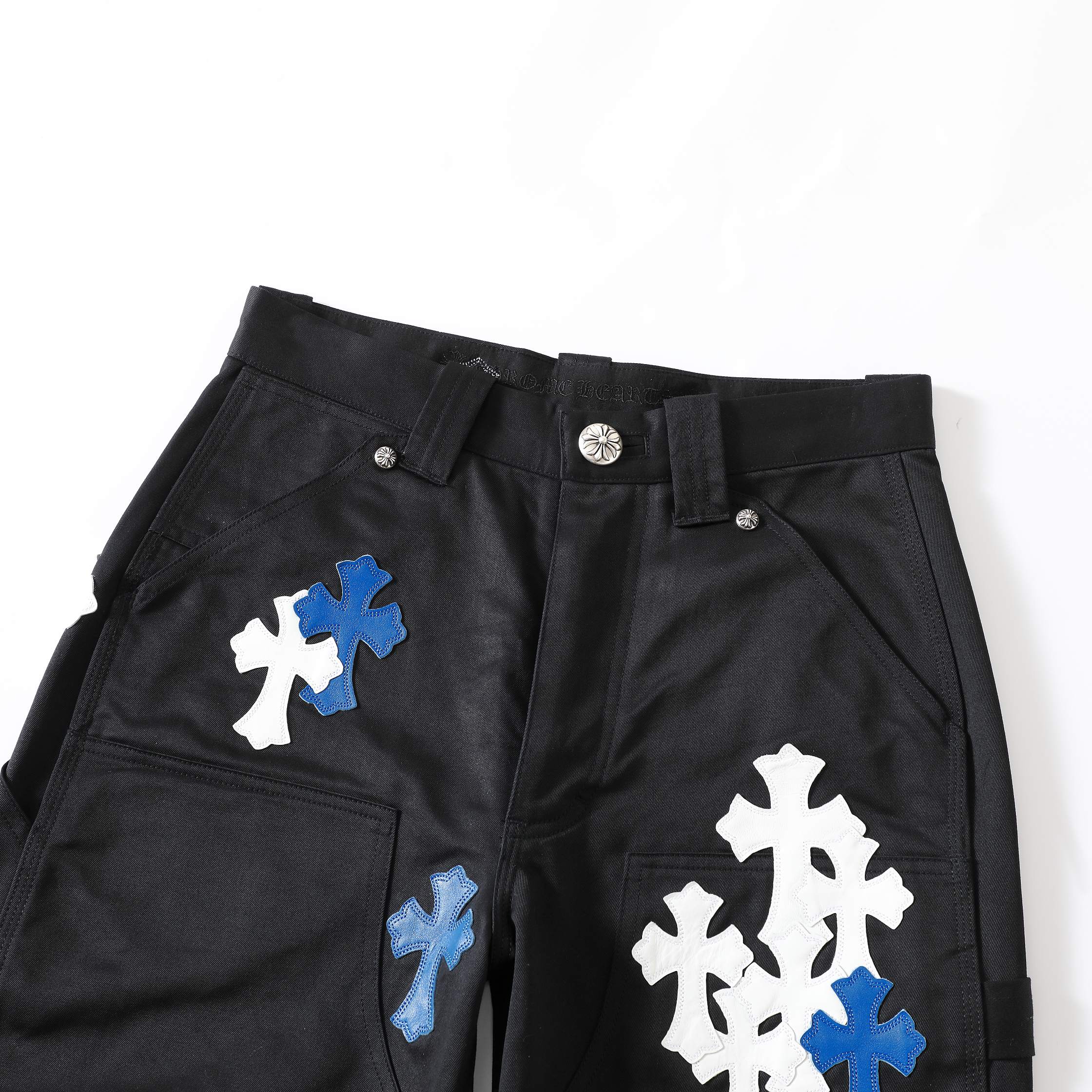 CH Blue and White Cross Cargo Pants, unisex style. Made with double-strand combed cotton yarn. Minimum order quantity 3000 yards. Custom production lead time two months. Attention to detail is paramount. To enhance the fabric's luster and texture, im