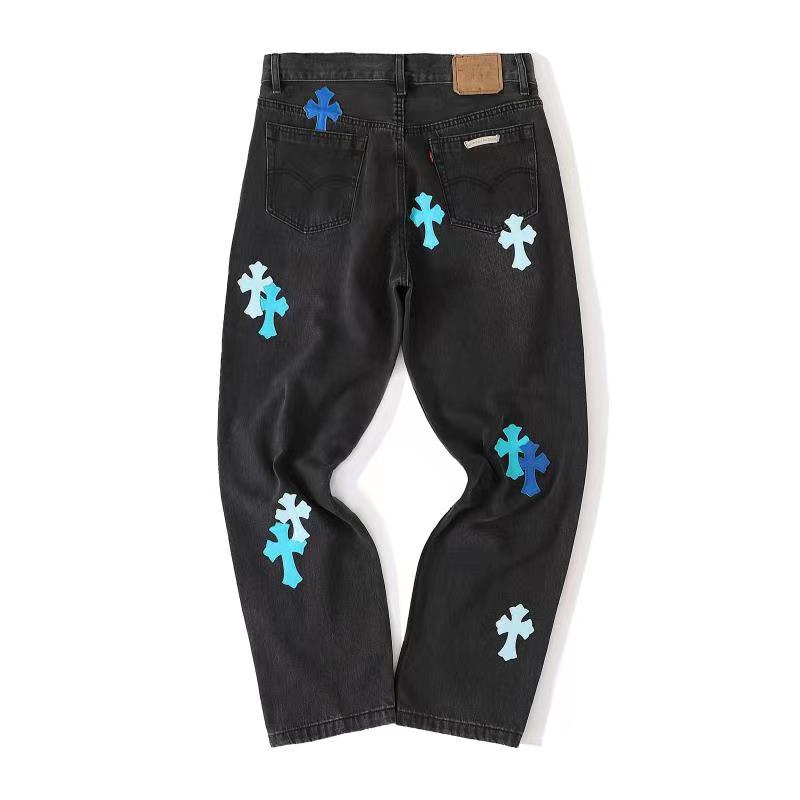 CH London Exclusive Blue Leather Patchwork Black Jeans. These jeans feature three shades of blue lambskin (ice blue, lake blue, and dark blue), each meticulously selected from hundreds of samples. The fabric is made with 501 special material for the