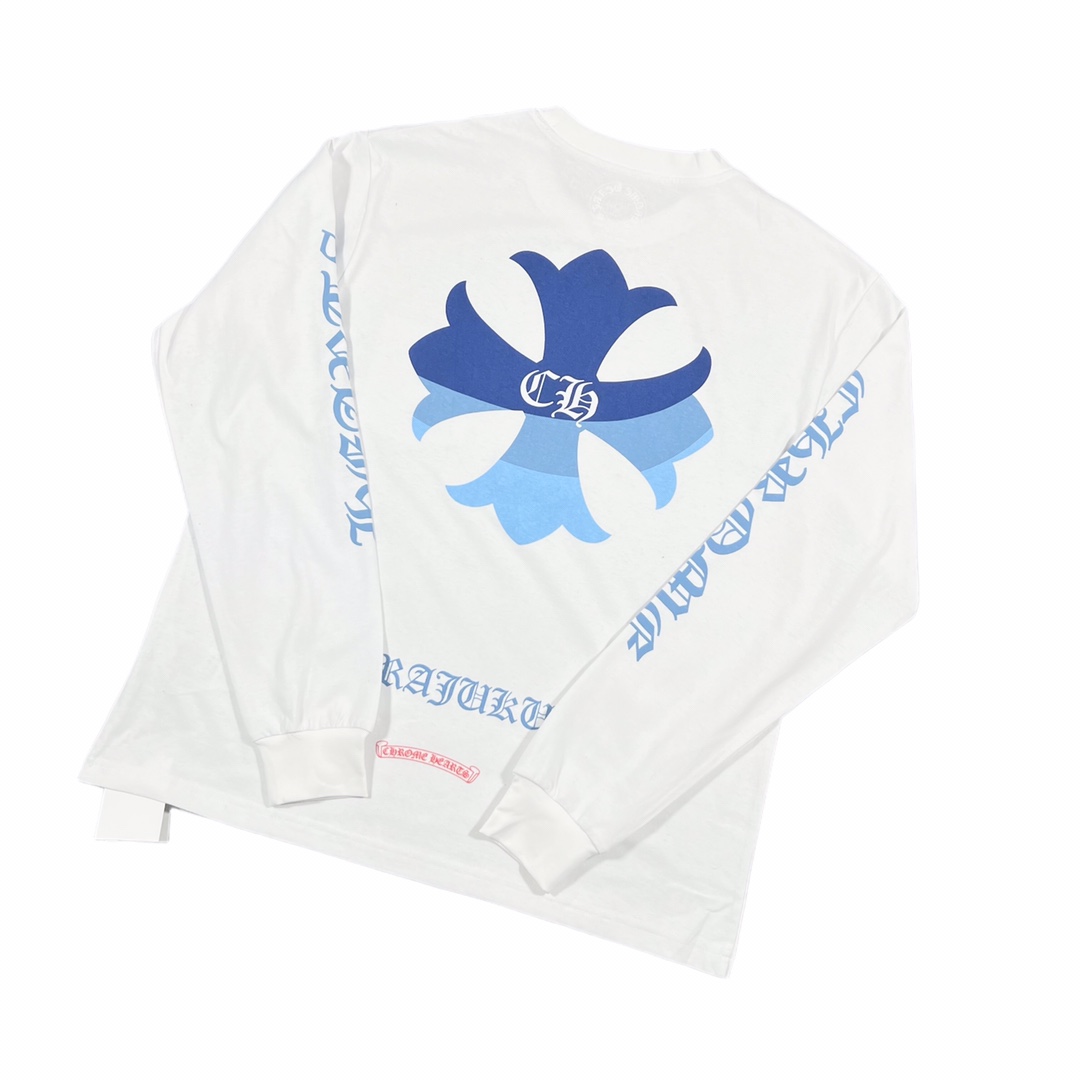 Chrome Hearts Harajuku ExclusiveGradient Blue Cross Long-Sleeve T-Shirt. Made from custom-woven and dyed 210g plain-weave high-density cotton fabric. The all-over print uses consistent thermosetting ink; the ink setting may result in a slight foami