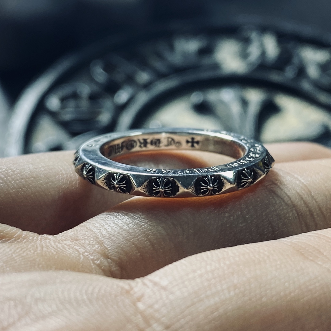 Authentic KK Chrome Hearts ring, delicate studded cross flower design.