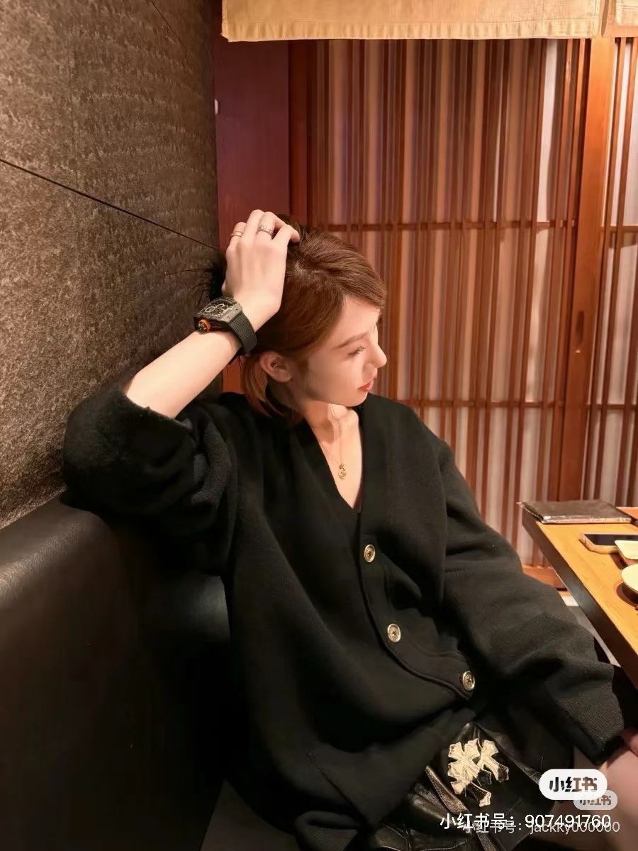 Chrome Hearts Black Cashmere Cardigan with Cross Applique and Sanskrit Embroidery; Oversized Silver Button CardiganSize: S M L