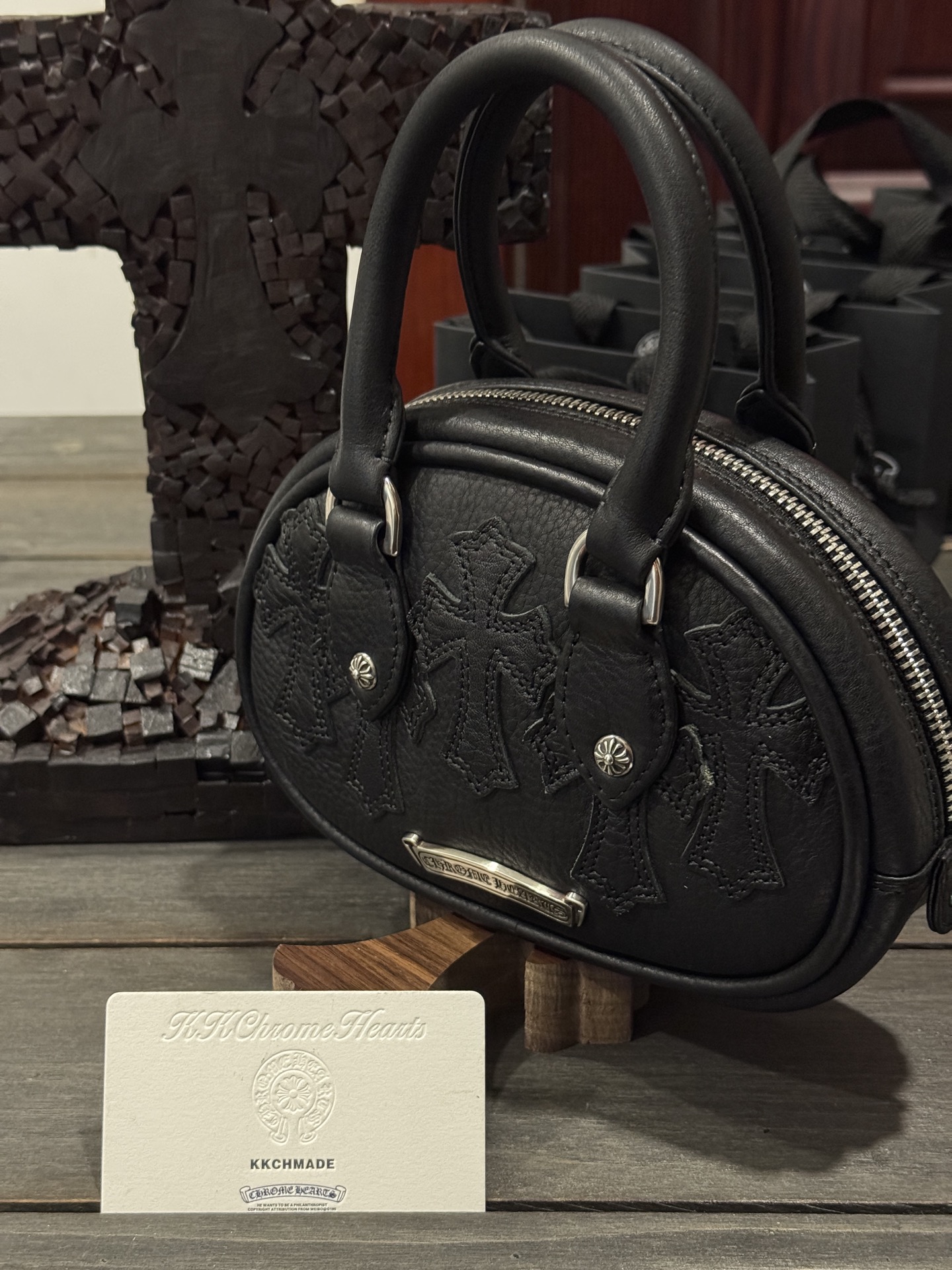 A beautiful customer ordered this! 📸Black and white bowling ball with genuine leather and sterling silver accessories.It looks so cute just sitting there!