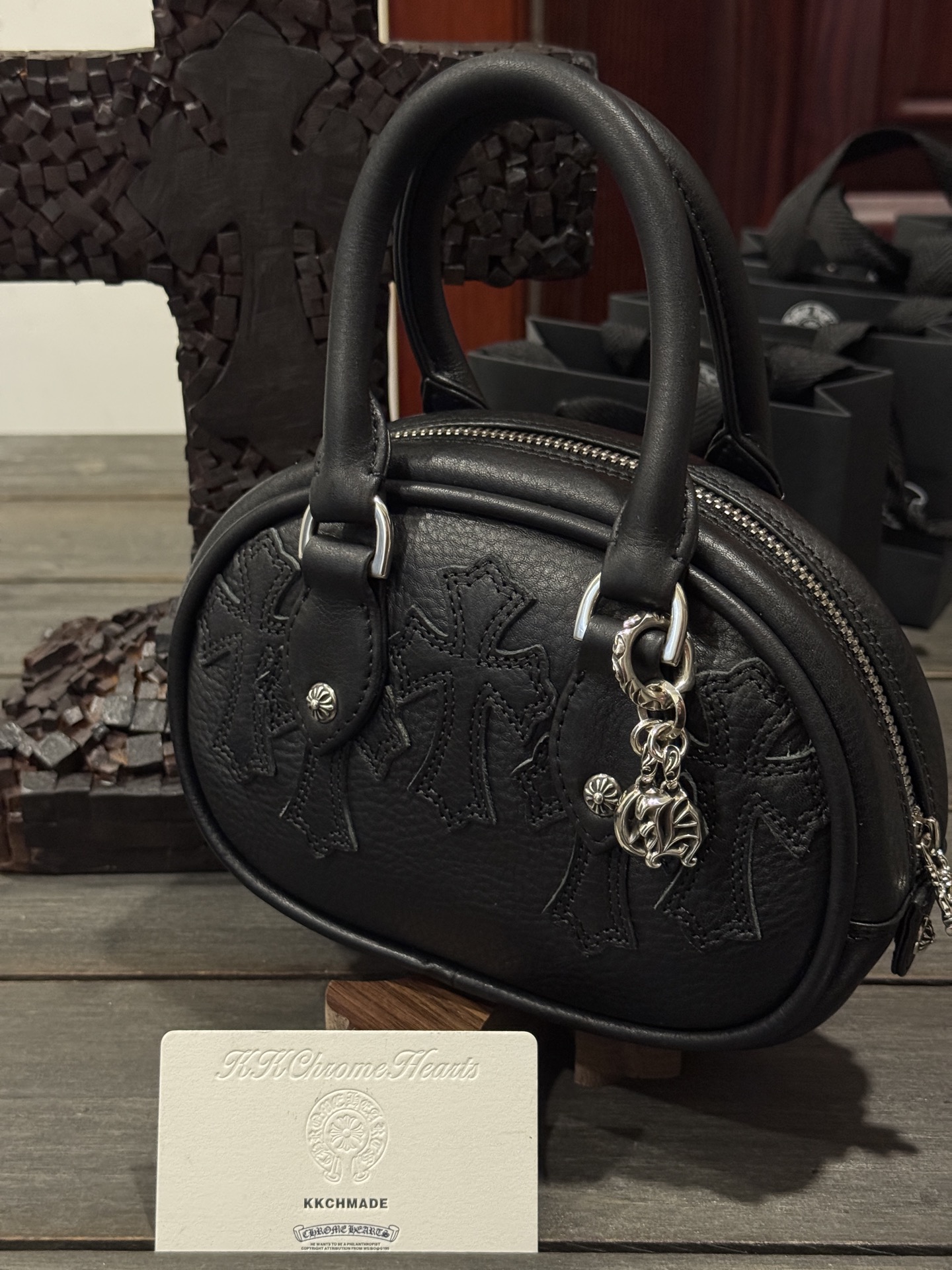 A beautiful customer ordered this! 📸Black and white bowling ball with genuine leather and sterling silver accessories.It looks so cute just sitting there!