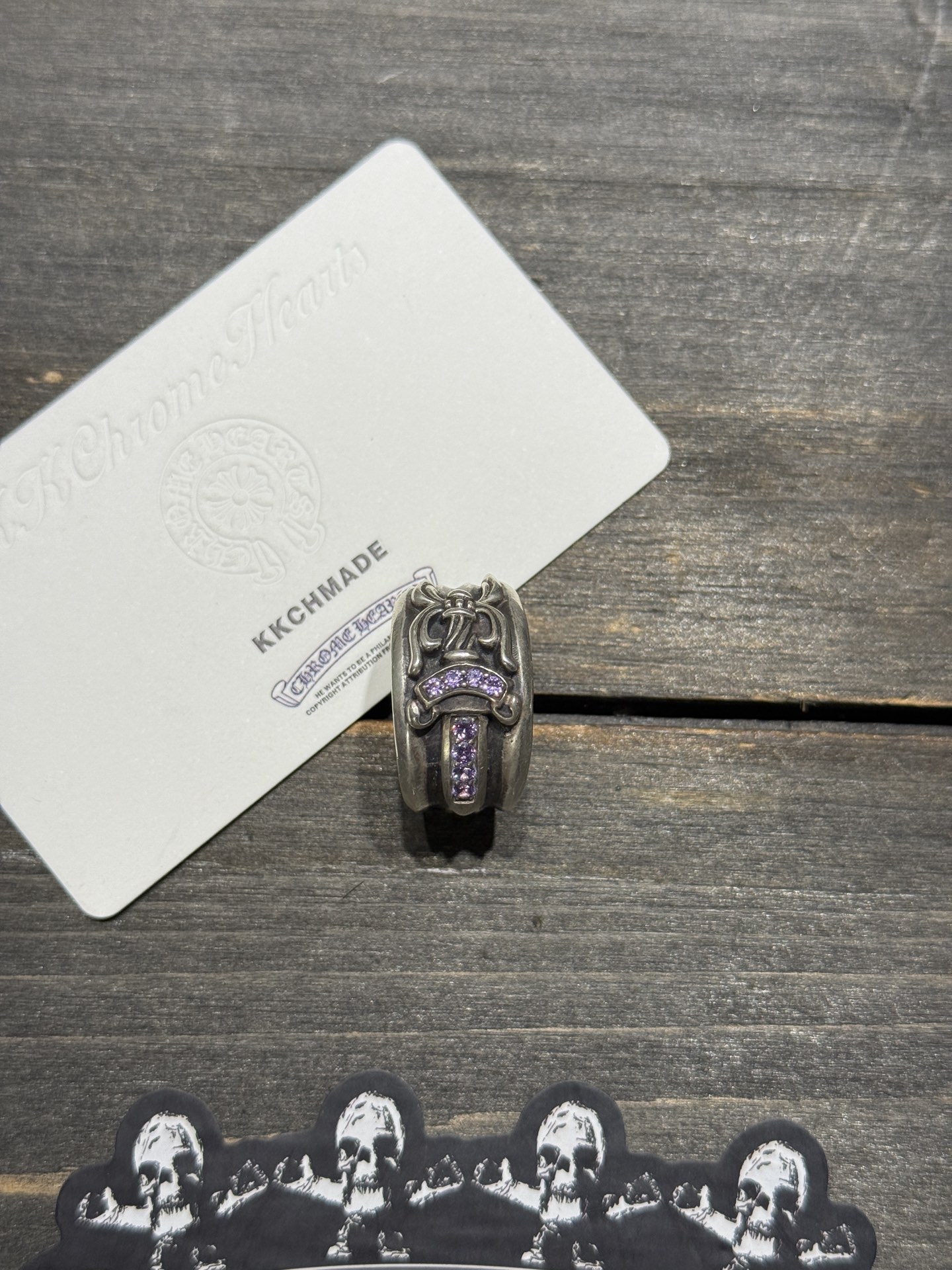 Custom-made purple diamond-encrusted sword and dagger ring for our client. Top-tier setting craftsmanship and perfect engraving details.