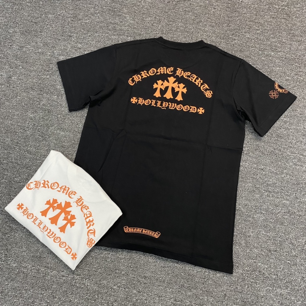 Chrome Hearts CH23SS Orange Cross Short-Sleeve T-ShirtFabric: Custom-woven and dyed 40% count 230g pure cotton, single-sided reactive dyeing. The entire garment features a hand-printed thermosetting ink, resulting in a slightly matte finish rather