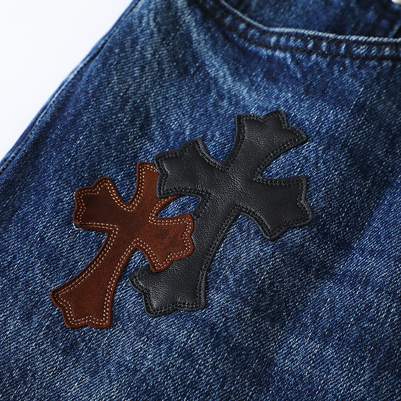 In Stock, Ships ImmediatelyChrome Hearts Limited Edition Leather-Patched Black, White, Brown Suede Cross Blue DenimThis CH denim is a VIP exclusive (only available to VIPs).Not an official website item, making it even rarer!Upon receiving it,