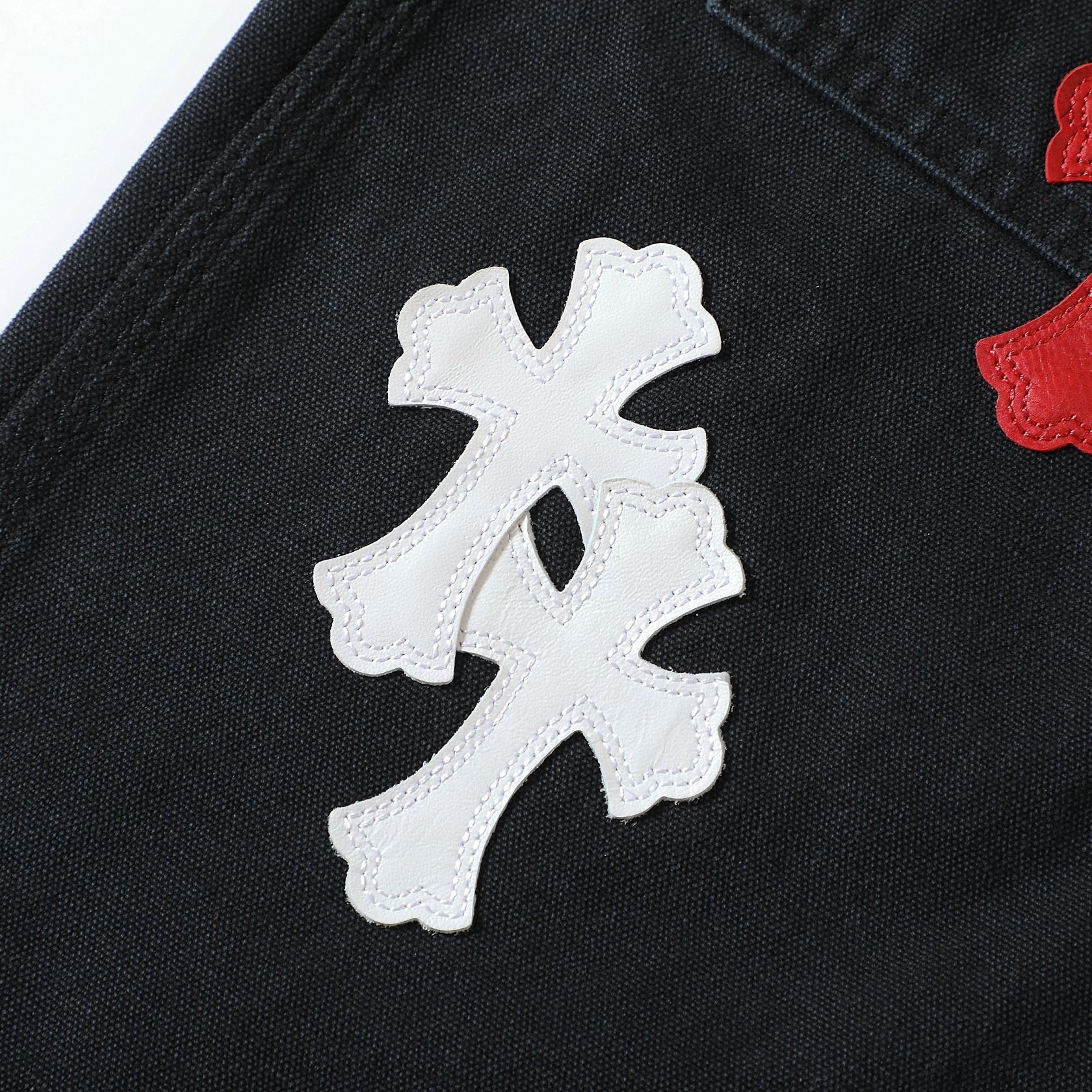 CH Genuine Leather Embroidered Chrome Hearts Jeans, made with custom-made 390g high-denim fabric, featuring custom-made silver-plated Chrome Hearts buttons. The crosses are hand-embroidered from top-grain sheepskin (27 genuine leather crosses in tota