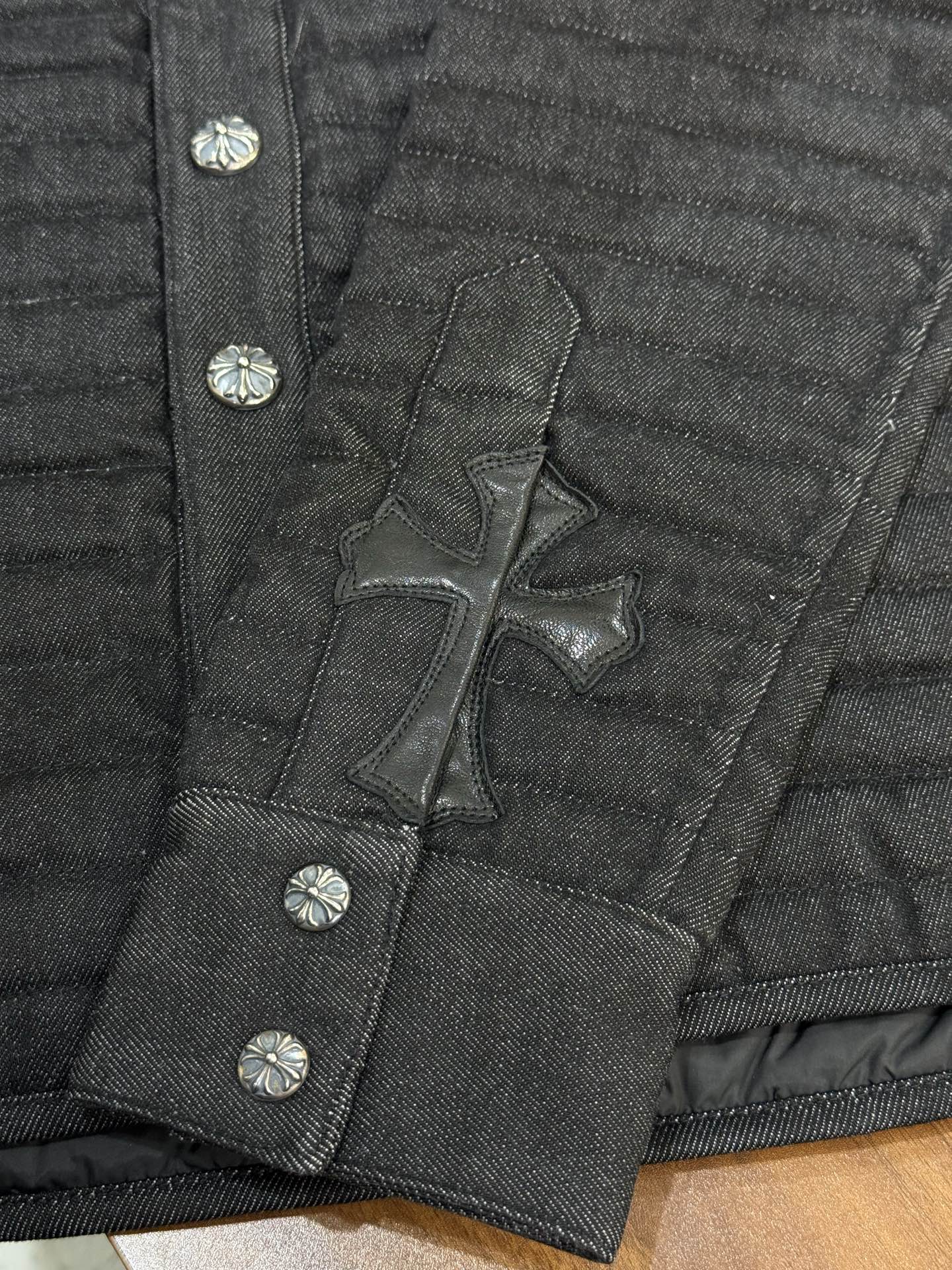 Chrome Heats Leather and Silver Embroidered Cotton Jacket14 silver buttons, 2 silver swords, 1 scroll, 2 scroll base studs. This piece has been discontinued for a long time and is an extremely rare find.Size: S M L