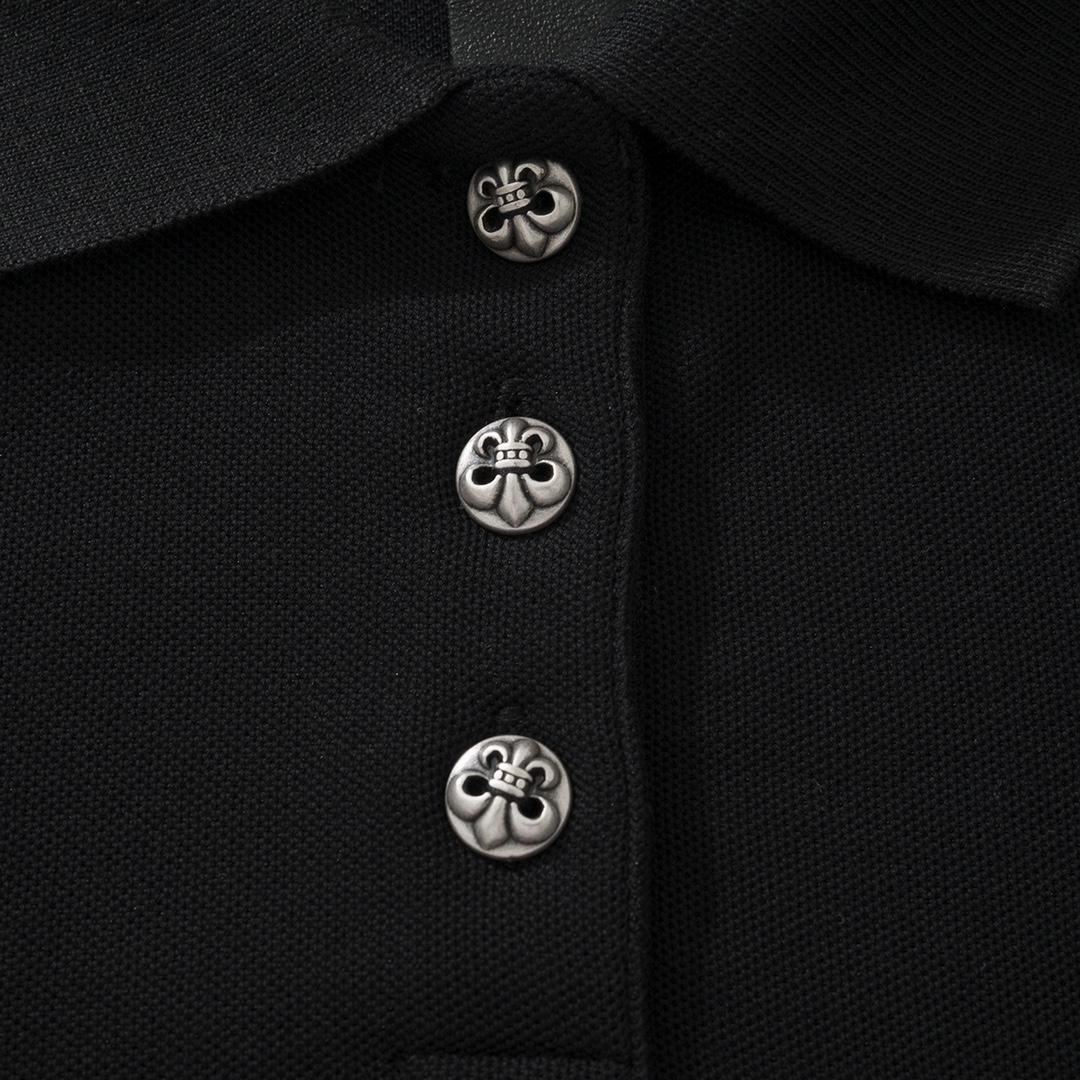 CH Chrome Hearts Exclusive Polo Shirt in Patchwork LeatherThe fabric is made of pique satin, incredibly smooth and comfortable against the skin with a cool feel. It features three top-grain cowhide cross panels on the front and back, and the neck la