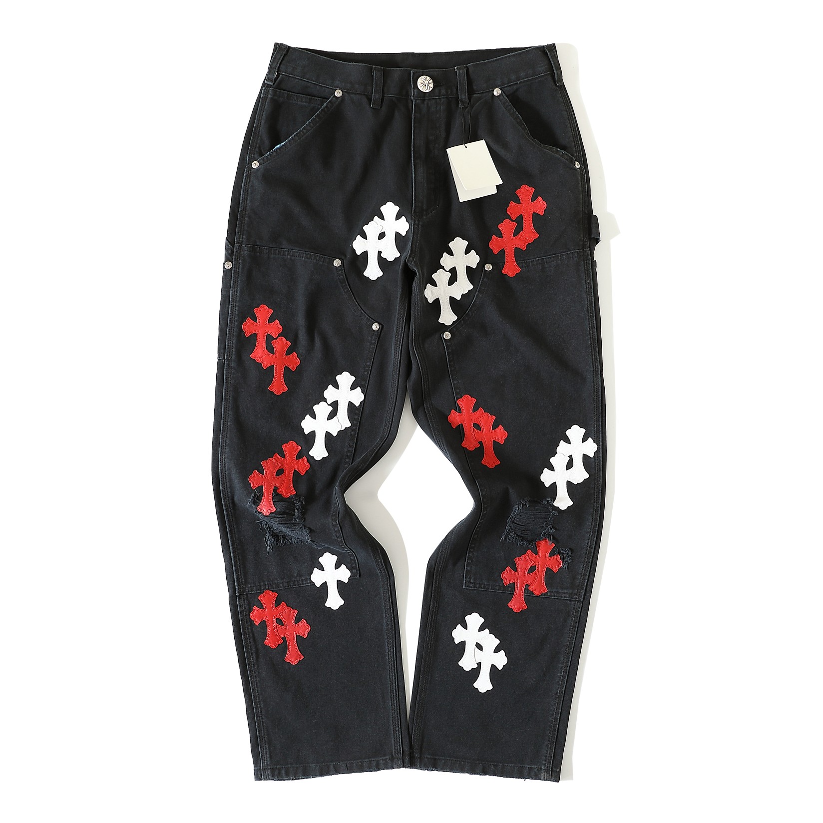 CH Genuine Leather Embroidered Chrome Hearts Jeans, made with custom-made 390g high-denim fabric, featuring custom-made silver-plated Chrome Hearts buttons. The crosses are hand-embroidered from top-grain sheepskin (27 genuine leather crosses in tota