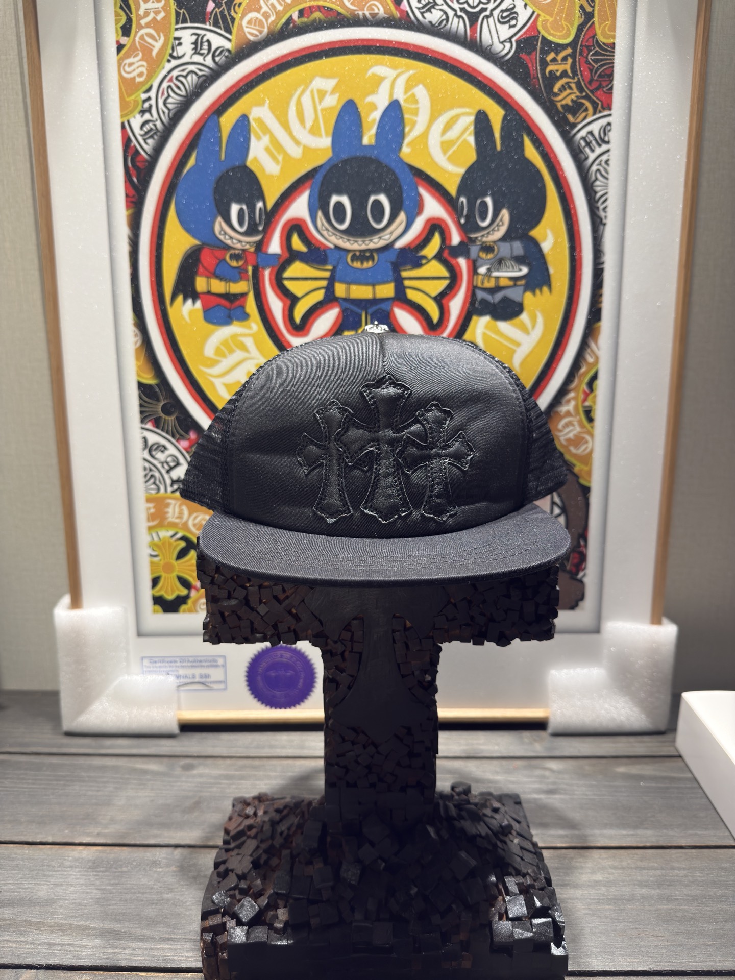 Custom-ordered 30-cross baseball cap with sterling silver buckle and premium car emblem.