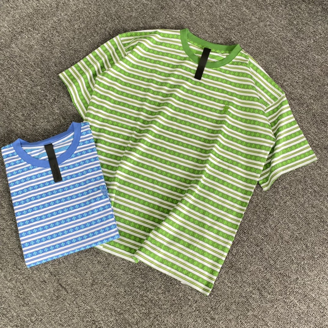 Chrome Hearts 23FW Latest Striped Jacquard Sword Embroidered Short-Sleeve T-ShirtOriginal custom-woven and dyed fabric, full sword embroidery logo, genuine leather base, loose fit, unisex styleSizes: S M L