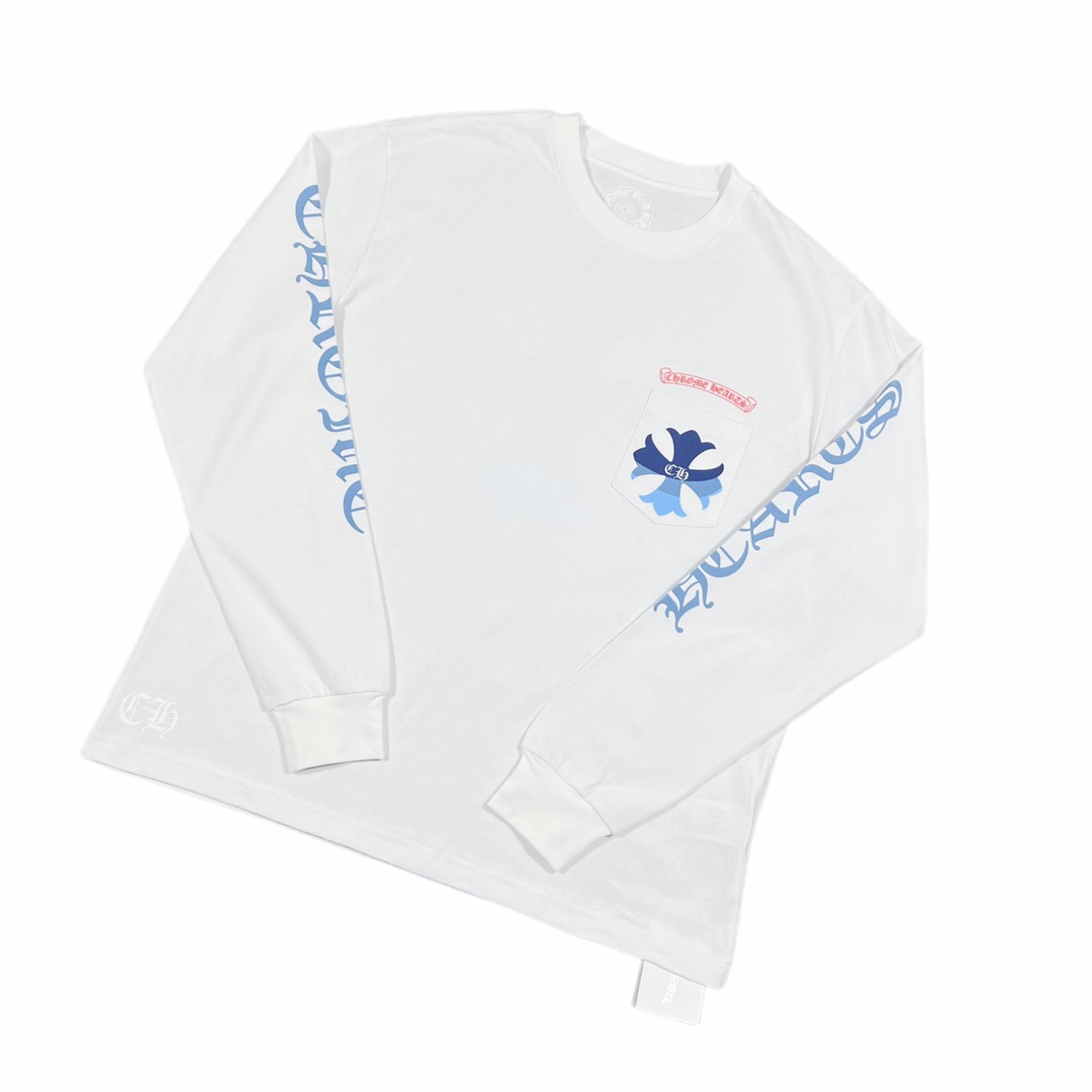 Chrome Hearts Harajuku ExclusiveGradient Blue Cross Long-Sleeve T-Shirt. Made from custom-woven and dyed 210g plain-weave high-density cotton fabric. The all-over print uses consistent thermosetting ink; the ink setting may result in a slight foami