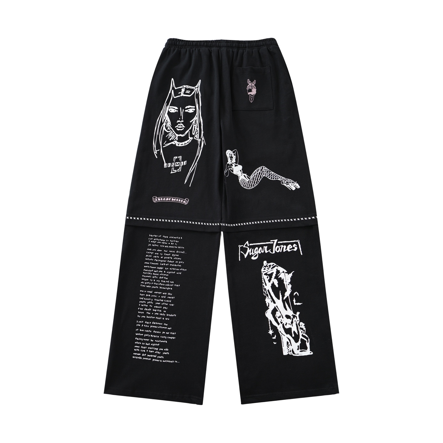 CH DeadlyDoll Comic Strip Pants, Black. All sizes available. Originally purchased from Hangzhou Guozhuan for 19,800 RMB. Made of 380g knitted cotton. Printed with imported plastisol technology. Custom metal drawstring closure. Loose fit. Unisex. Exce