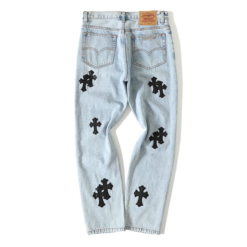 CH Rockheart Jeans; Ningdan 7x7 cotton all-coated denim, blue; Levies 501 sole; 19 genuine leather lambskin crosses in black leather; custom-made full set with genuine silver plating (not imitation silver!).