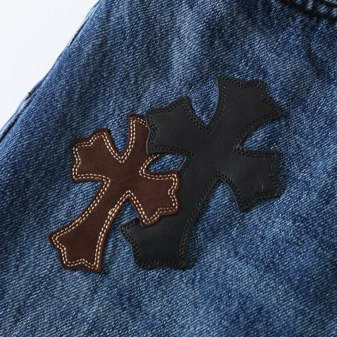 In stock, immediate shipping. Flame/No Flame (two styles)Chrome Hearts Limited Edition Leather Patchwork Black, White, Brown Suede Cross Blue DenimThis CH denim is a VIP exclusive (only available to VIPs).Not an official website item, making it