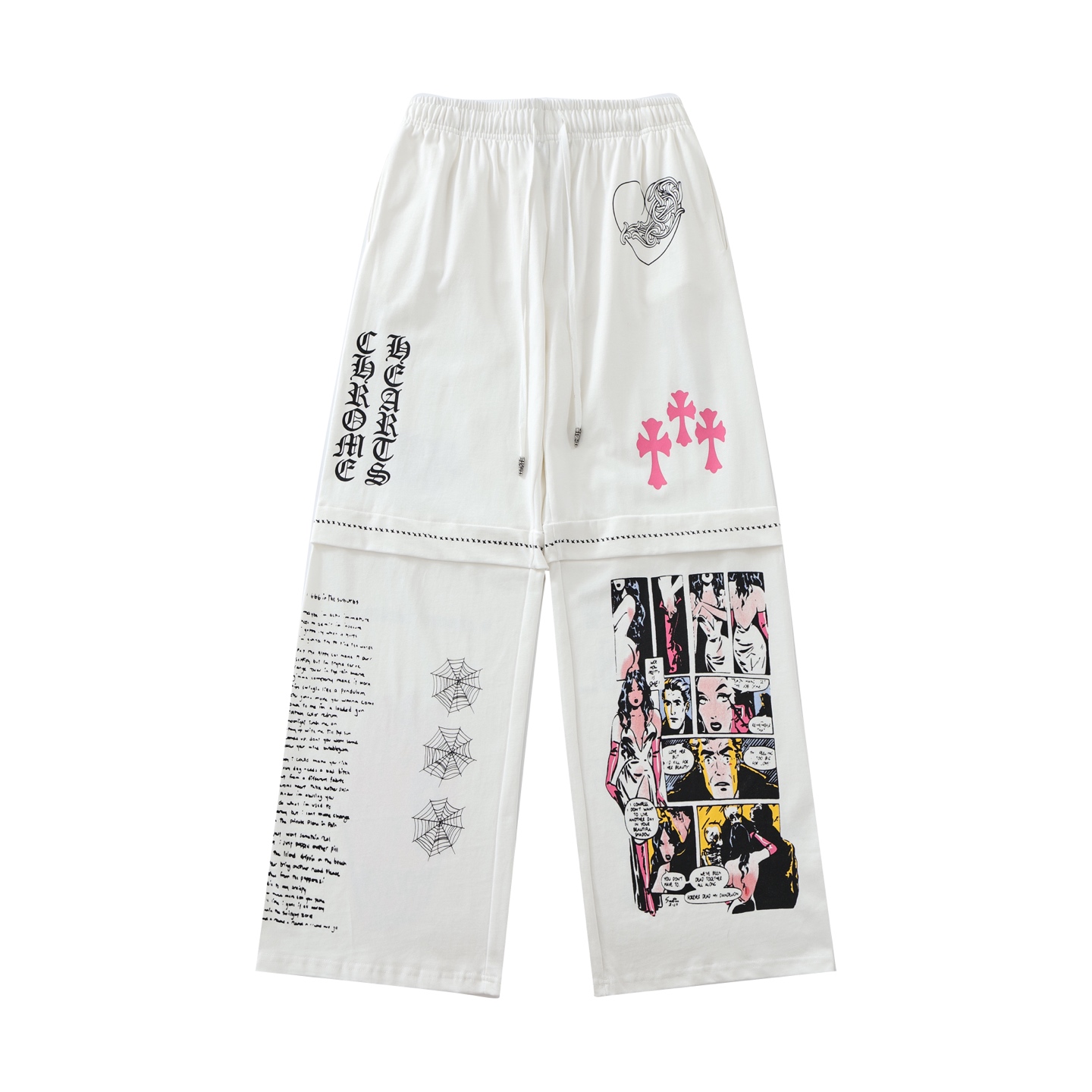 CH DeadlyDoll comic book trousers, white. All sizes available. Originally purchased from Hangzhou Guozhuan for 12,800 RMB. Made of 350g knitted cotton. Printed with imported plastisol technology. Custom metal drawstring closure. Loose fit. Unisex. Ex