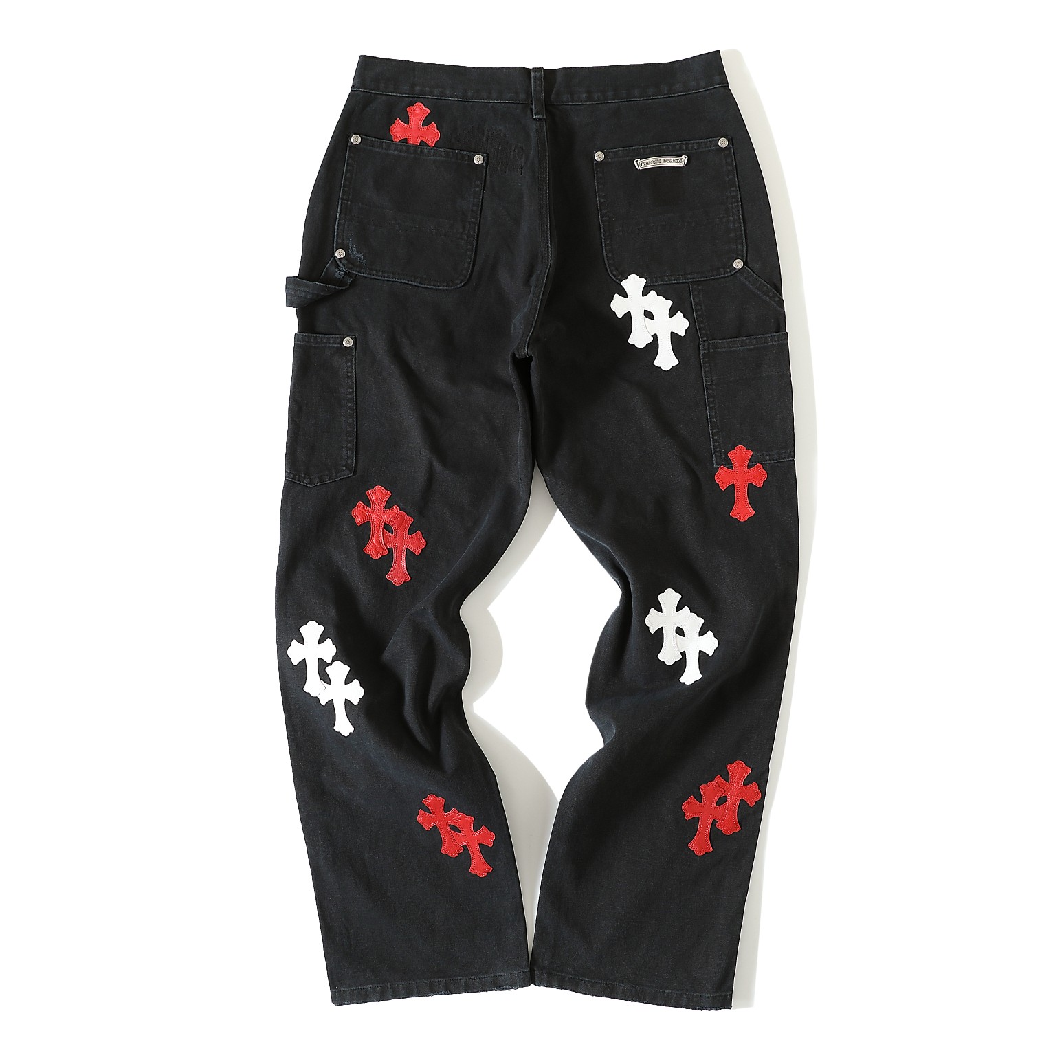 CH Genuine Leather Embroidered Chrome Hearts Jeans, made with custom-made 390g high-denim fabric, featuring custom-made silver-plated Chrome Hearts buttons. The crosses are hand-embroidered from top-grain sheepskin (27 genuine leather crosses in tota