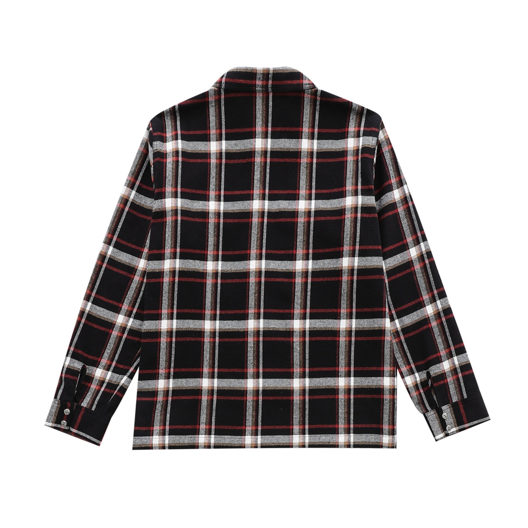 CH's new flannel plaid shirt in black and red. All sizes are now available. Made with 11-count double-ply 240g (260g after washing) cotton blend flannel. Features include brushed front, laser infrared positioning, hand-cut tailoring, and precise alig