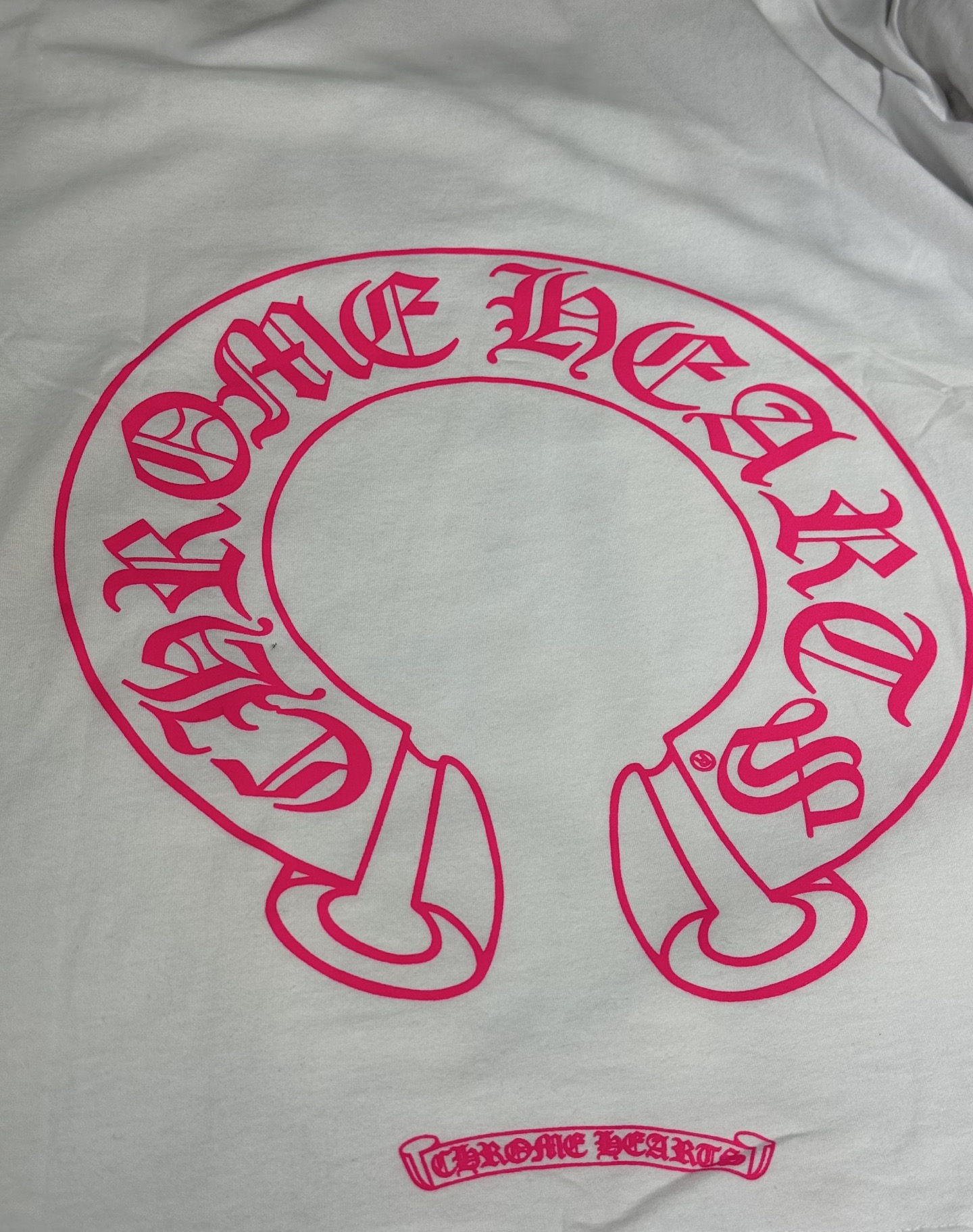 Chrome Hearts Pink Double-Sleeve Cross Vine Back Horseshoe T-Shirt, White Long-SleeveSize: S M L XL