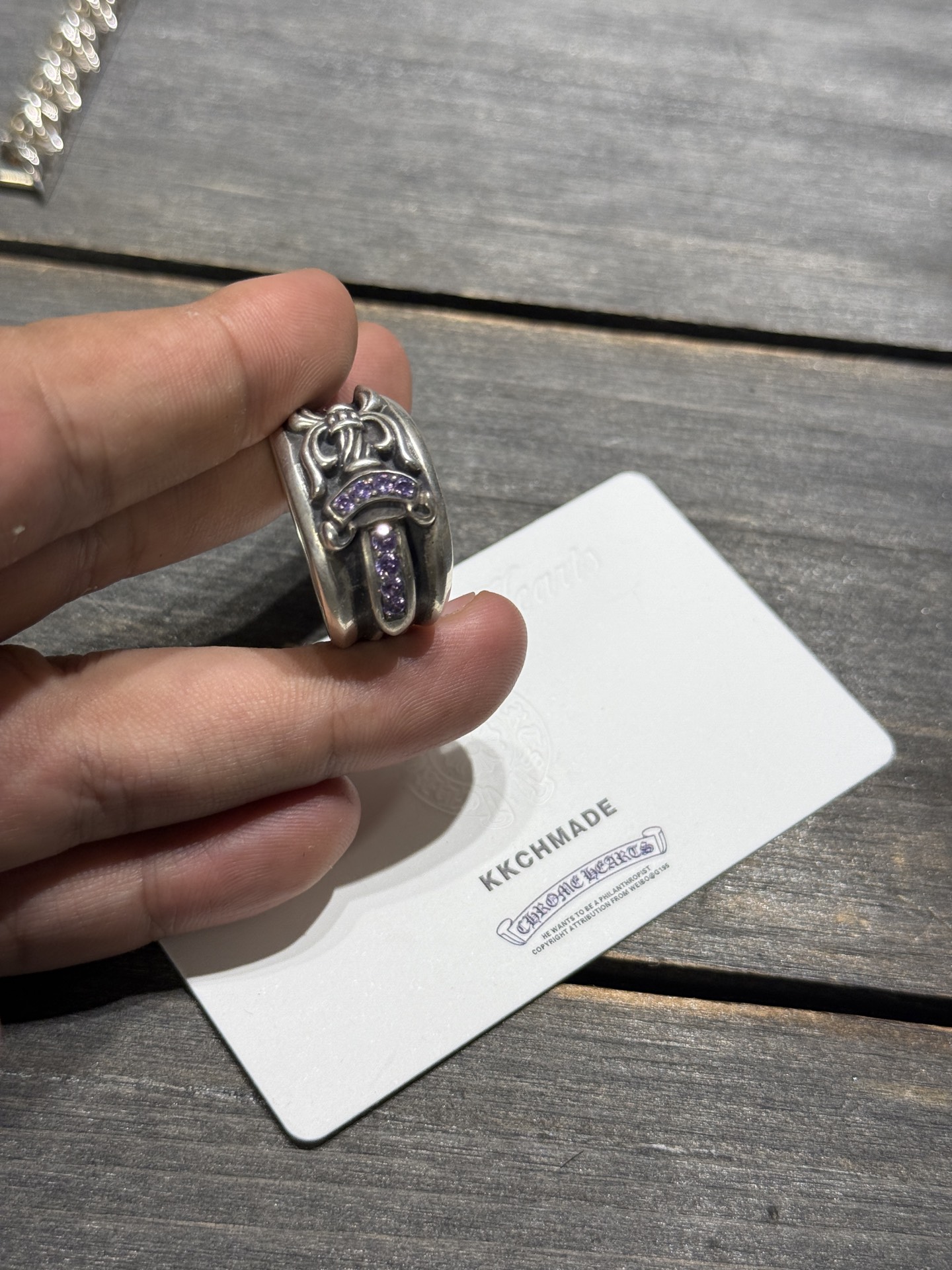 Custom-made purple diamond-encrusted sword and dagger ring for our client. Top-tier setting craftsmanship and perfect engraving details.
