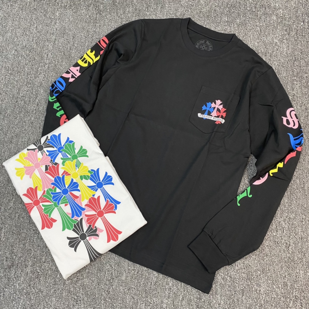 Chrome Hearts Colorful Cross Long-Sleeve ShirtFurthermore, the fabric is custom-woven and dyed at 40% weave, 230g pure cotton, single-sided reactive dyeing. The entire garment features a hand-printed design using thermosetting inks, resulting in a