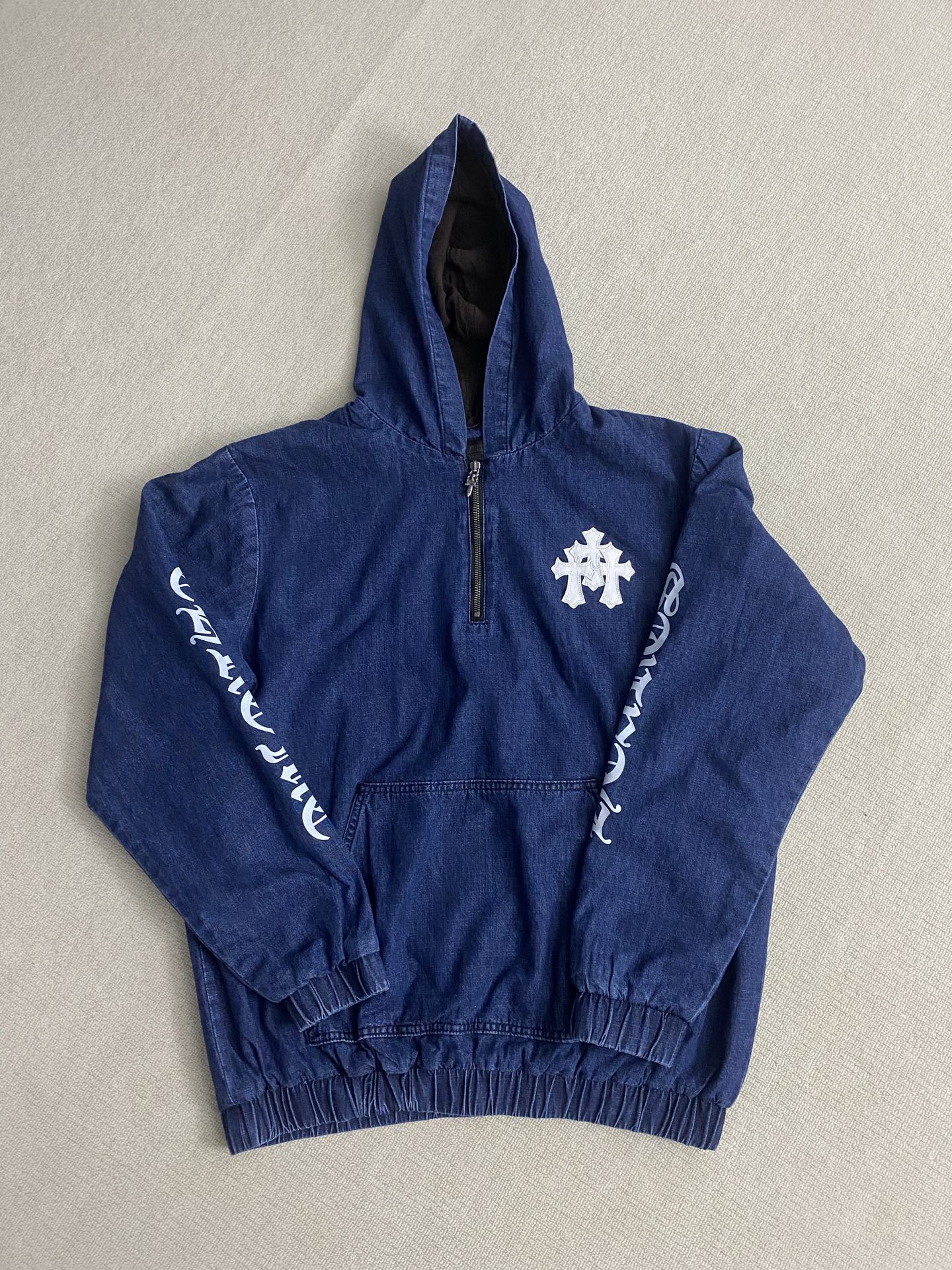 Chrome Hearts Denim Cross-Panel Leather Half-Zip HoodieSize: S M L XL