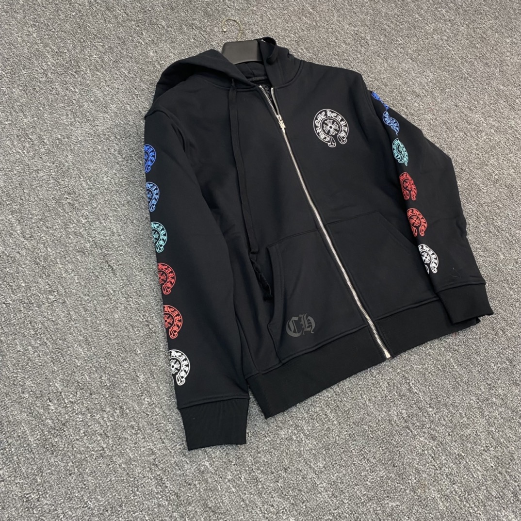 Chrome Hearts Classic Colorful Horseshoe Zipper SweatshirtMade of 42-count 380g pure cotton, featuring a custom antique silver zipper pull, imported ink printing for a three-dimensional effect, complex colors, and high cost. Custom-made to order, p