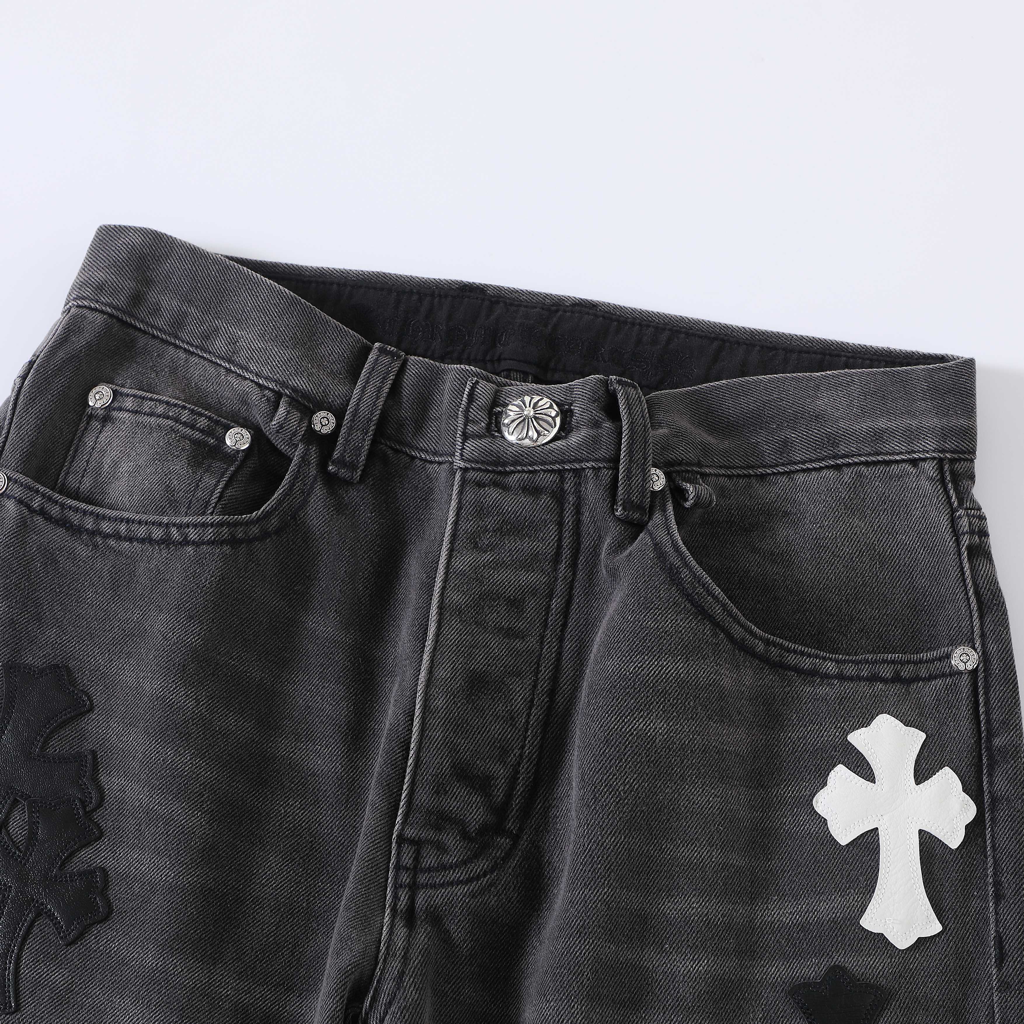 CH Flame Knee Design, Black and White Leather. Custom-made fabric, original jacquard lining, embroidery. Knee flame design perfectly replicated. Made with dozens of genuine leather crosses. Extremely high cost, significant wastage, and high labor cos