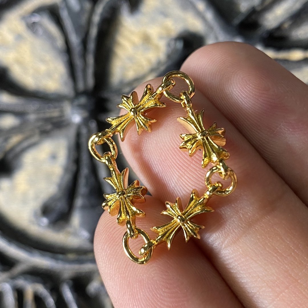 Authentic KkChrome Hearts 22k Gold Single Diamond Long Cross Flower Chain Ring