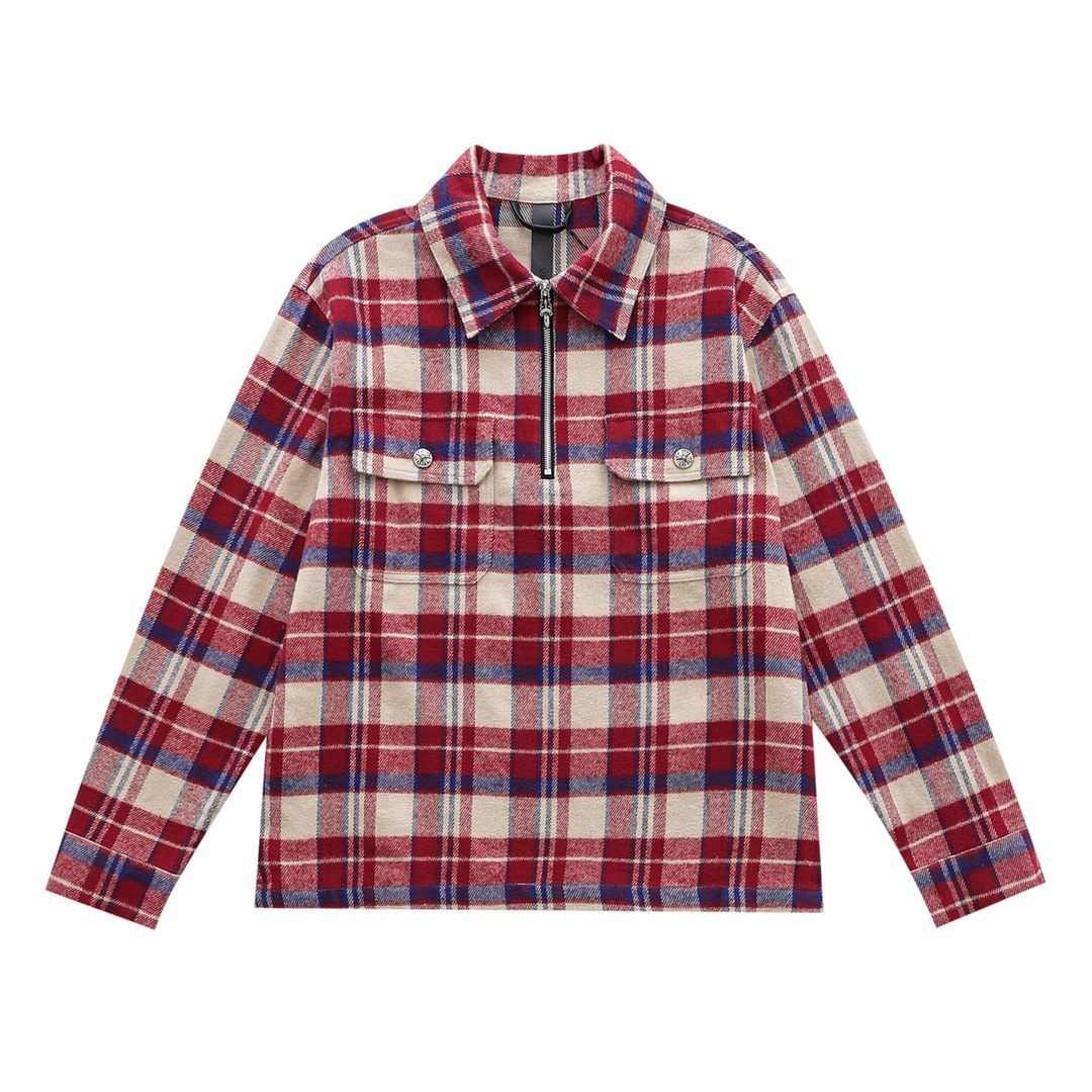 CH New Flannel Plaid Half-Zip Shirt. Made with 11-count double-ply 240g (260g after washing) cotton blend flannel. Features include brushed front, laser infrared positioning, hand-cut tailoring, and all-around alignment. Custom 18mm snap buttons, cus