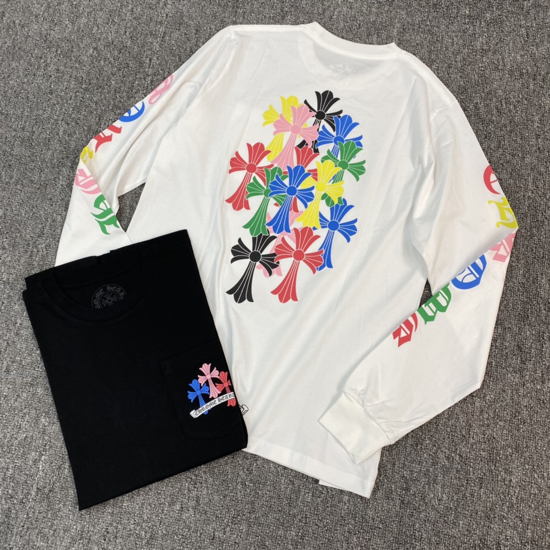 Chrome Hearts Colorful Cross Long-Sleeve ShirtFurthermore, the fabric is custom-woven and dyed at 40% weave, 230g pure cotton, single-sided reactive dyeing. The entire garment features a hand-printed design using thermosetting inks, resulting in a