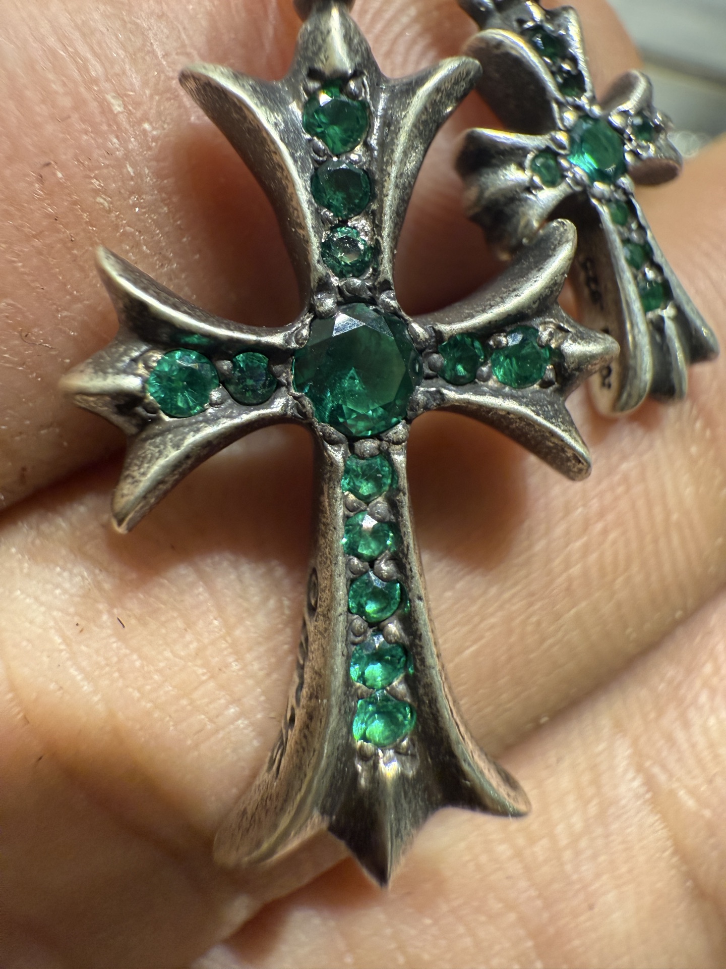 925 Sterling Silver, Green Diamond Double Cross Inlay, Top-Tier Setting and Engraving Details – Outshines All Others on the Market, the Best in China, Bar None