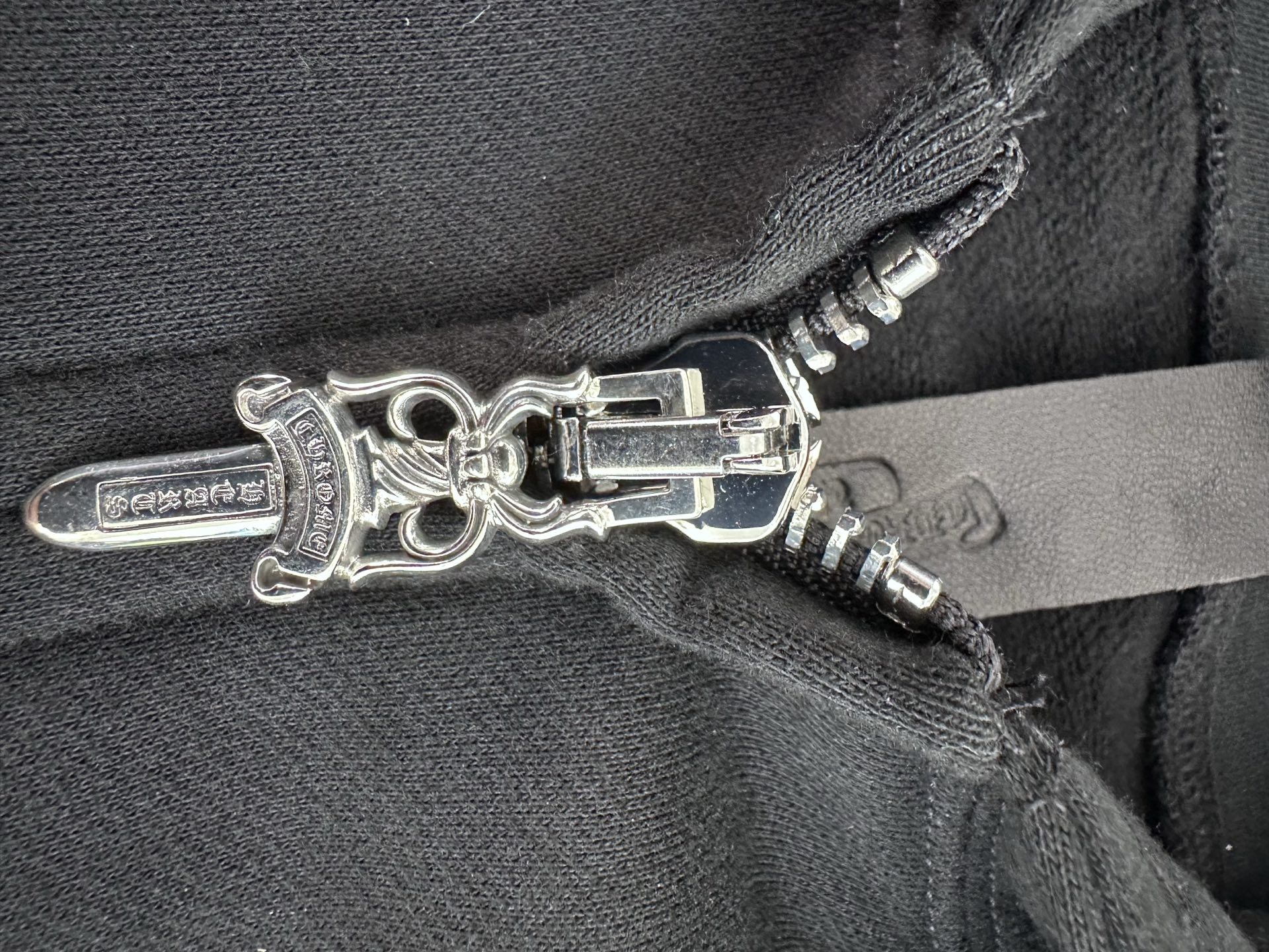 Chrome Hearts Black Handcrafted Double-Arm Vine-Patterned Leather Sweatshirt JacketSizes: XS-XLHardware: White Brass Plated Silver/925 Silver