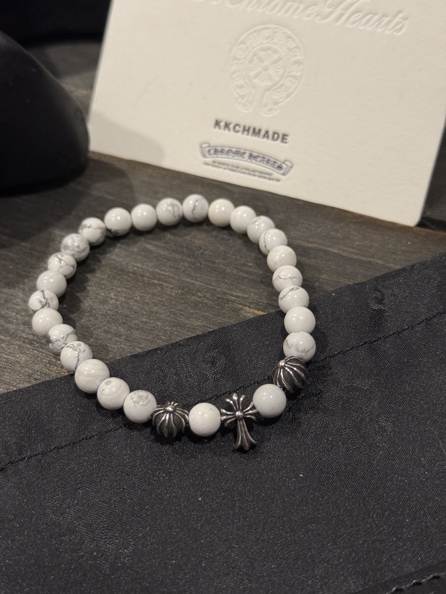 Customer order: White agate cross silver bead bracelet