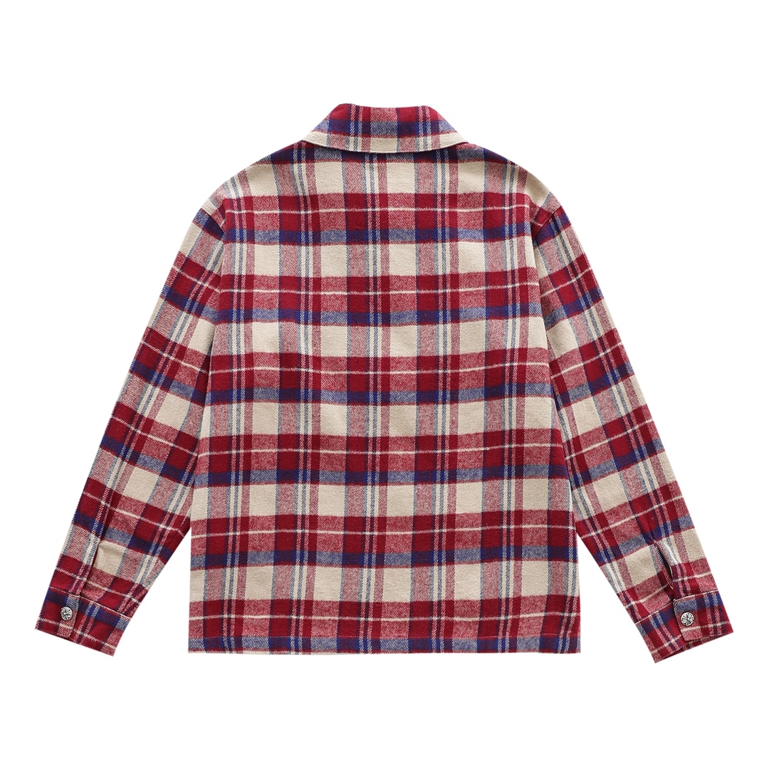 CH New Flannel Plaid Half-Zip Shirt. Made with 11-count double-ply 240g (260g after washing) cotton blend flannel. Features include brushed front, laser infrared positioning, hand-cut tailoring, and all-around alignment. Custom 18mm snap buttons, cus