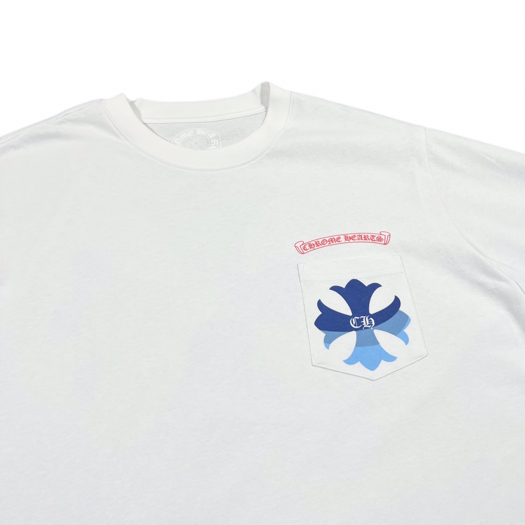 Chrome Hearts Harajuku ExclusiveGradient Blue Cross Long-Sleeve T-Shirt. Made from custom-woven and dyed 210g plain-weave high-density cotton fabric. The all-over print uses consistent thermosetting ink; the ink setting may result in a slight foami