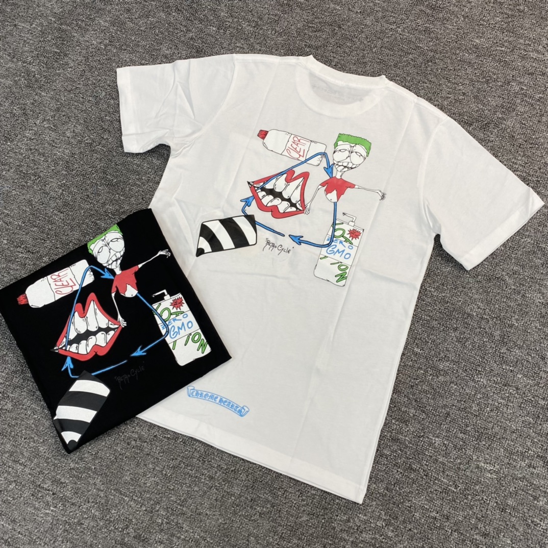 Chrome Hearts Limited Edition Short-Sleeve T-ShirtFurthermore, the fabric is custom-woven and dyed at 40% thread count (230g) for pure cotton, single-sided reactive dyeing. The entire garment features a hand-printed thermosetting ink, resulting in