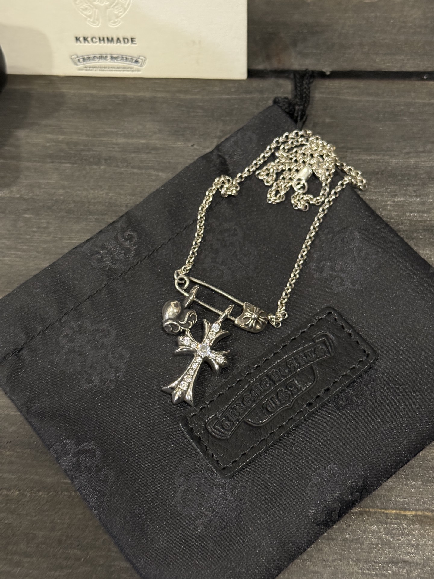 Customer order: brooch necklace + Tiny cross + heart pendant